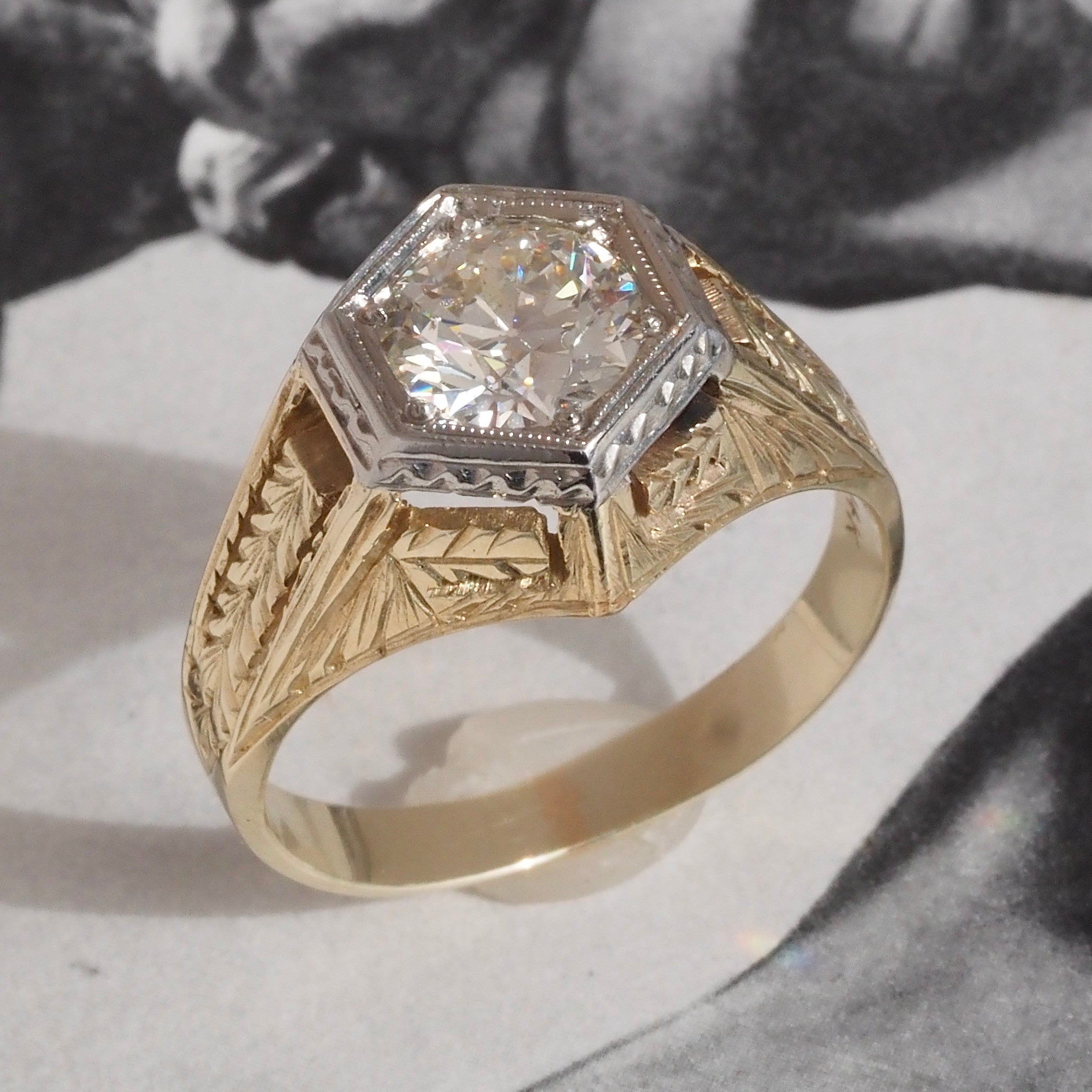Antique Art Deco 1.22ct Old European Cut Diamond Hexagonal 14k Gold Engagement Ring