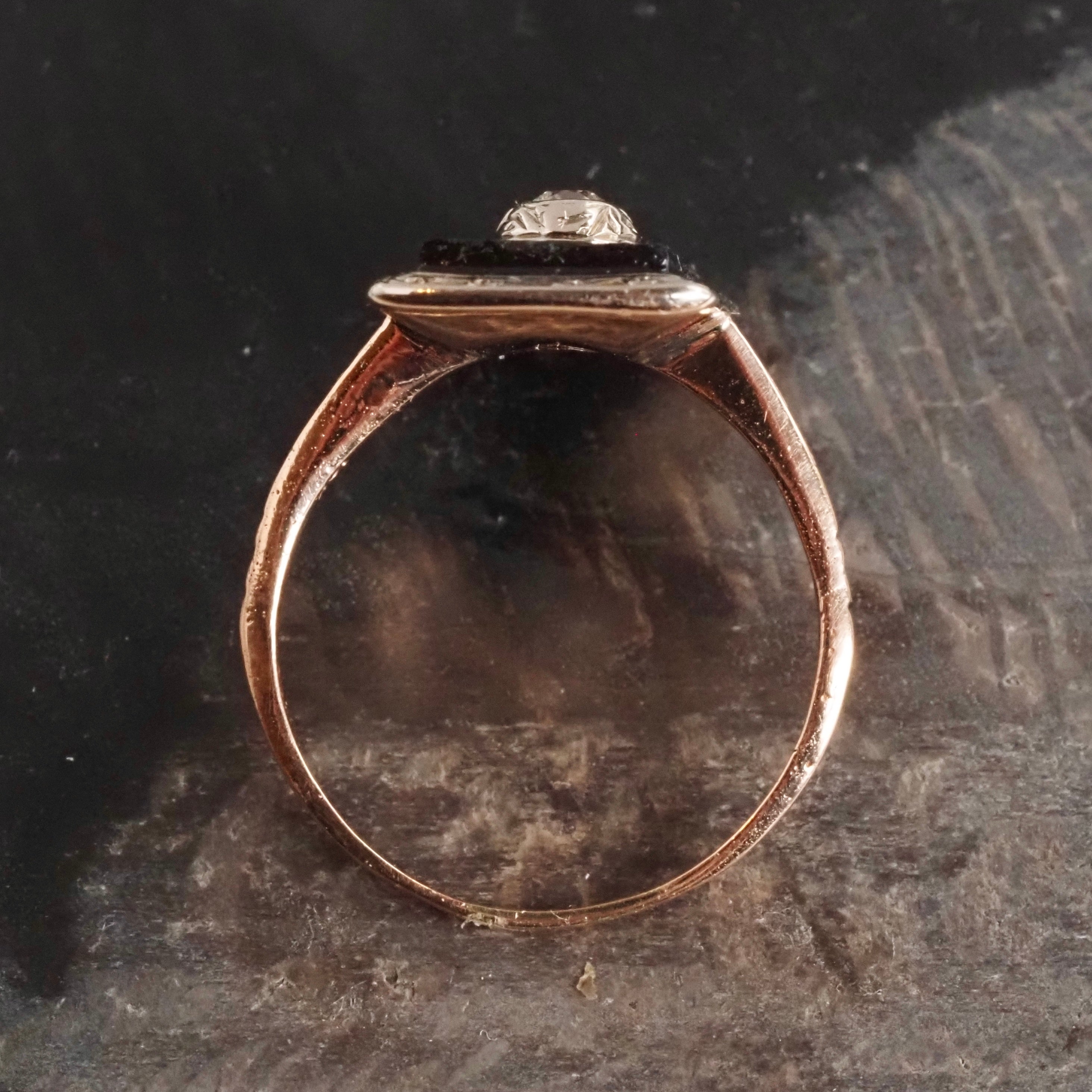 Antique Art Deco 10k White and Rose Gold Onyx and Diamond Ring