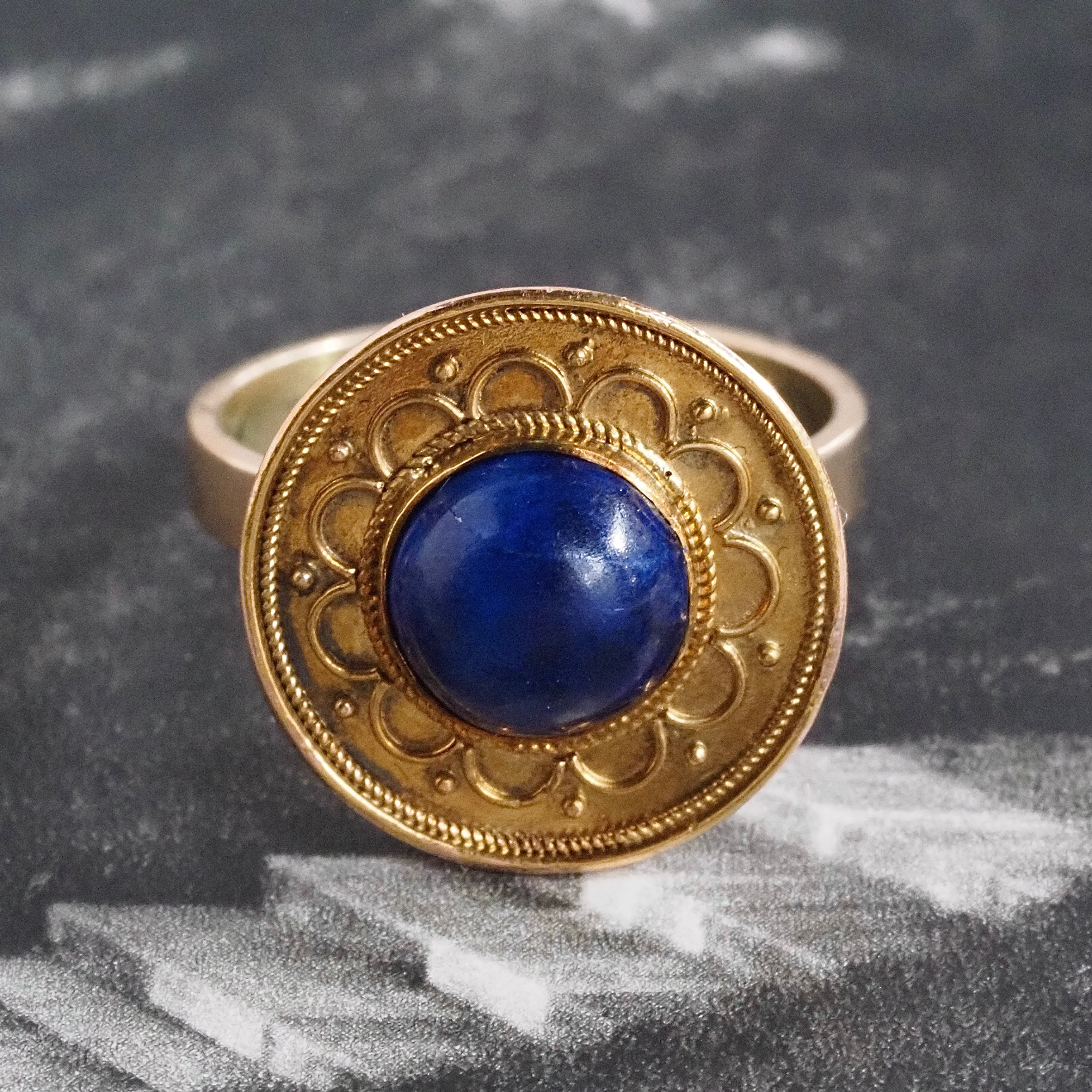 Antique Victorian Etruscan Revival Lapis 14k Gold Disc Ring