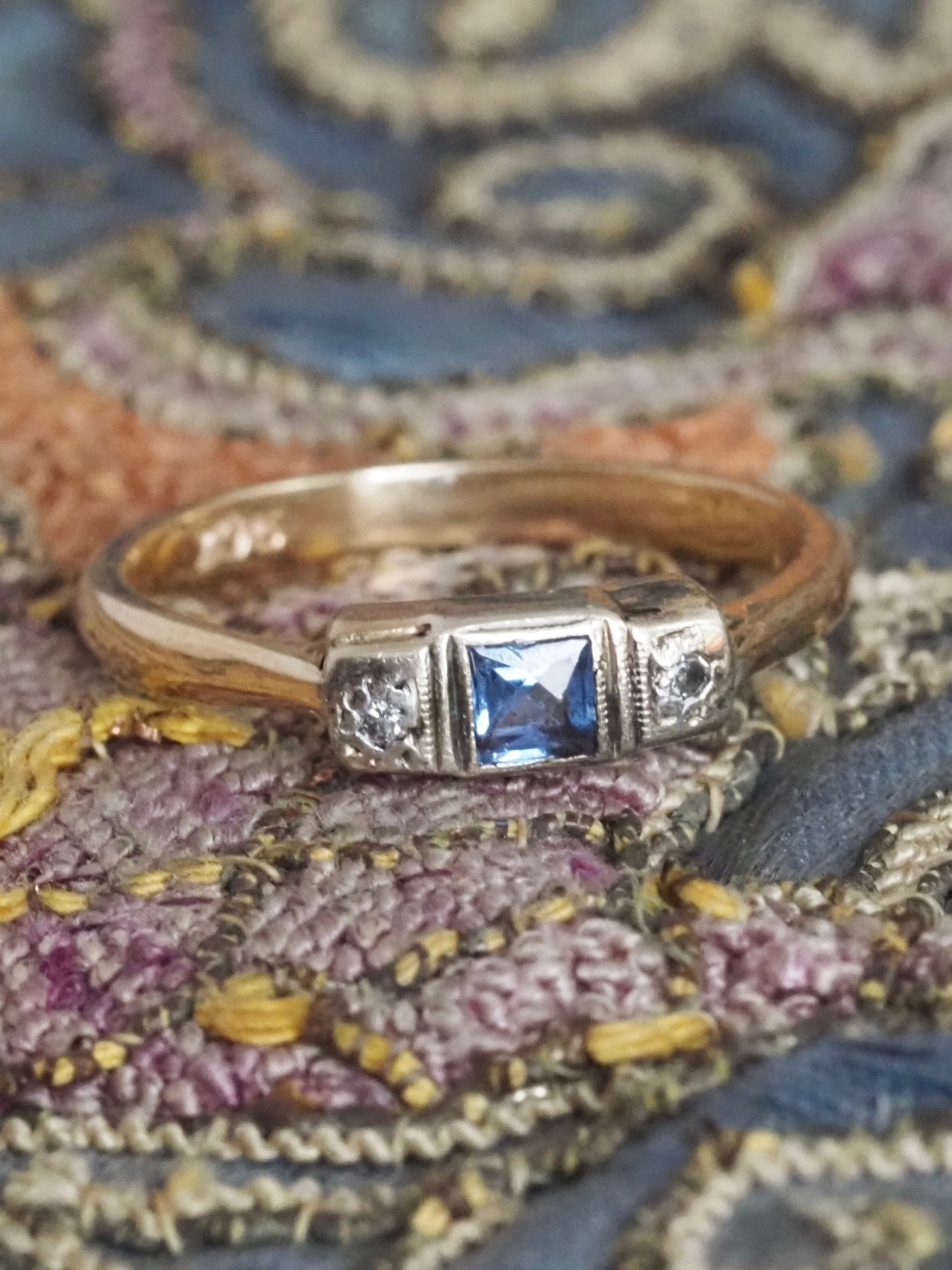 Antique English Sapphire & Diamond 9k Gold Ring