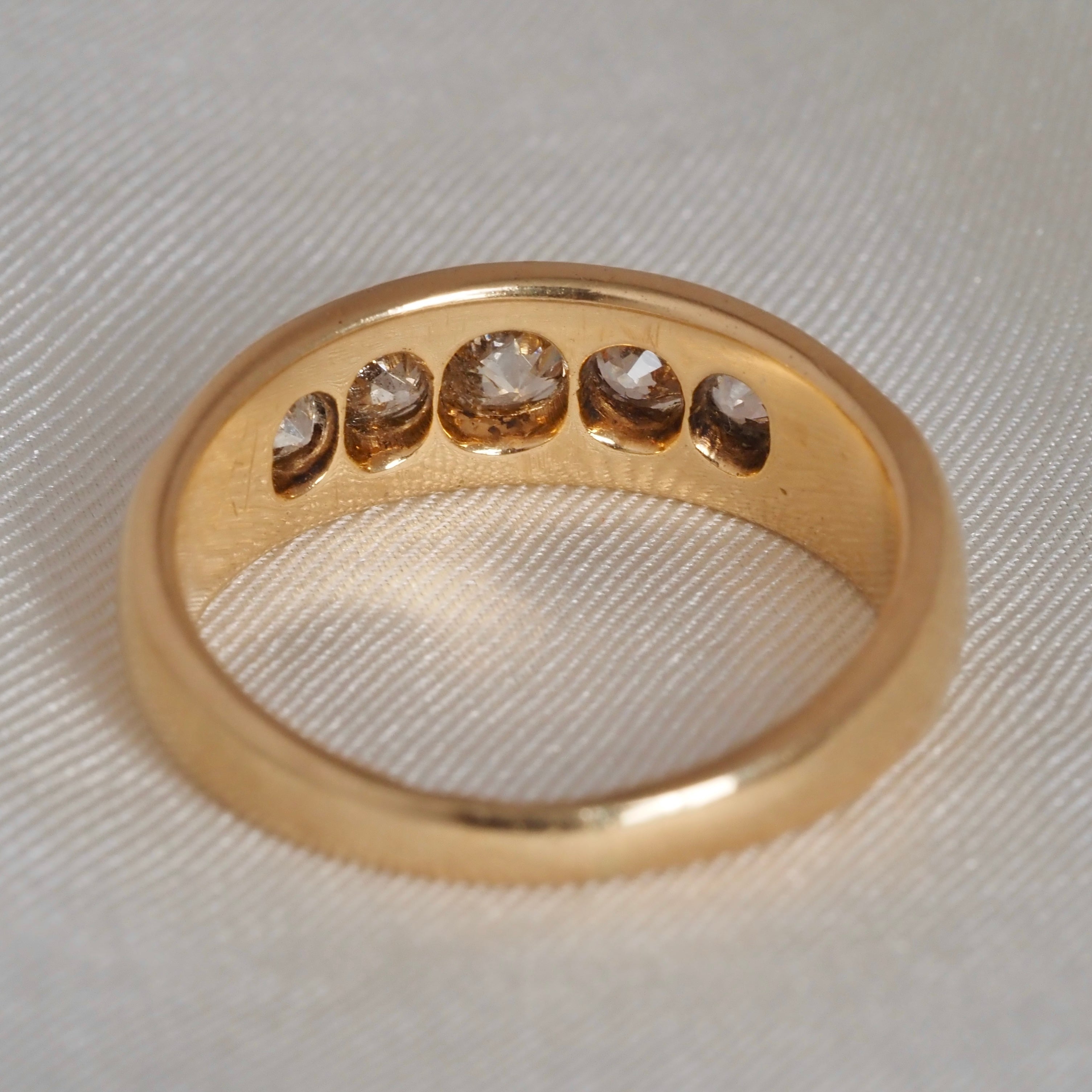 Midcentury c. 1951 English 18k Gold Old Mine Cut Diamond Five Stone Boat Engagement Ring