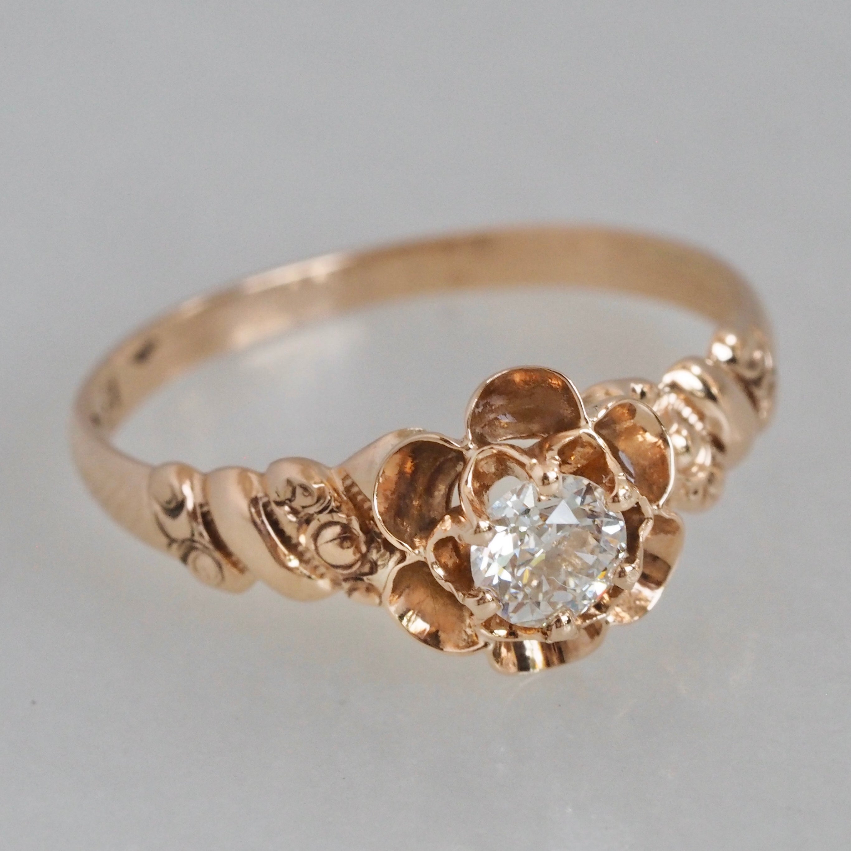 Antique Victorian 10k Gold Old European Cut Diamond Flower Ring