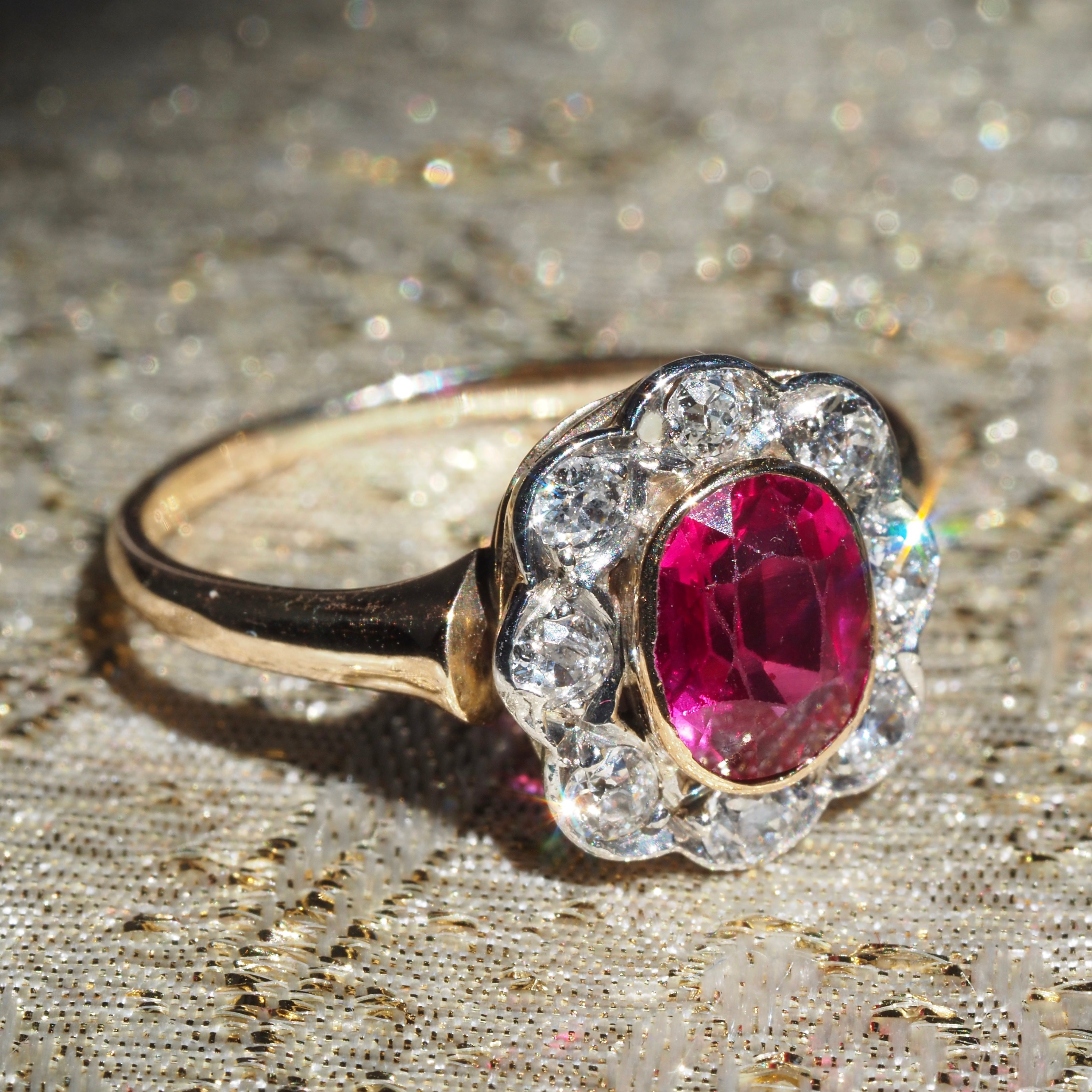 Antique Ruby and Old Mine Cut Diamond Flower 14k Gold Ring