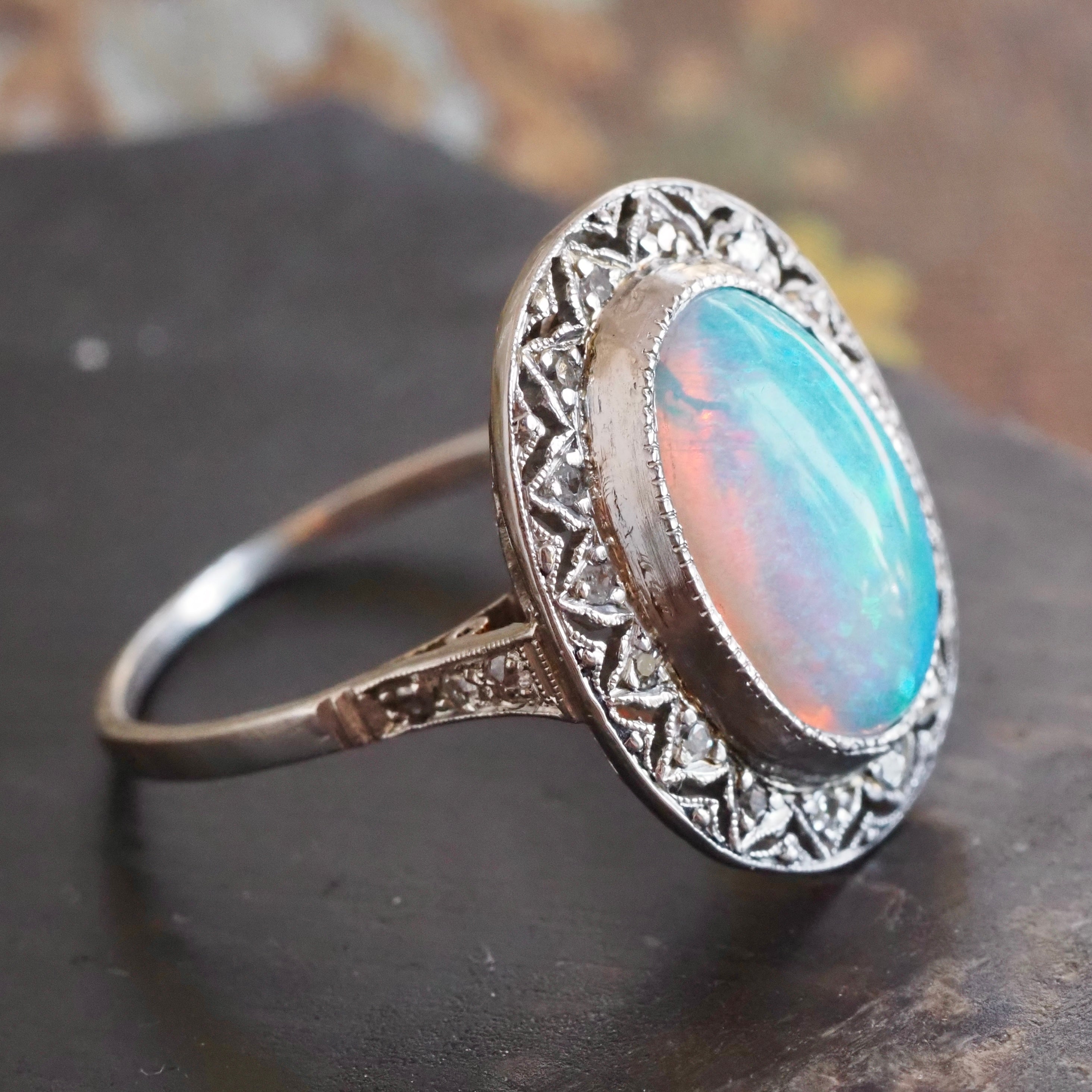 Vintage Art Deco Style Platinum Opal and Diamond Halo Ring