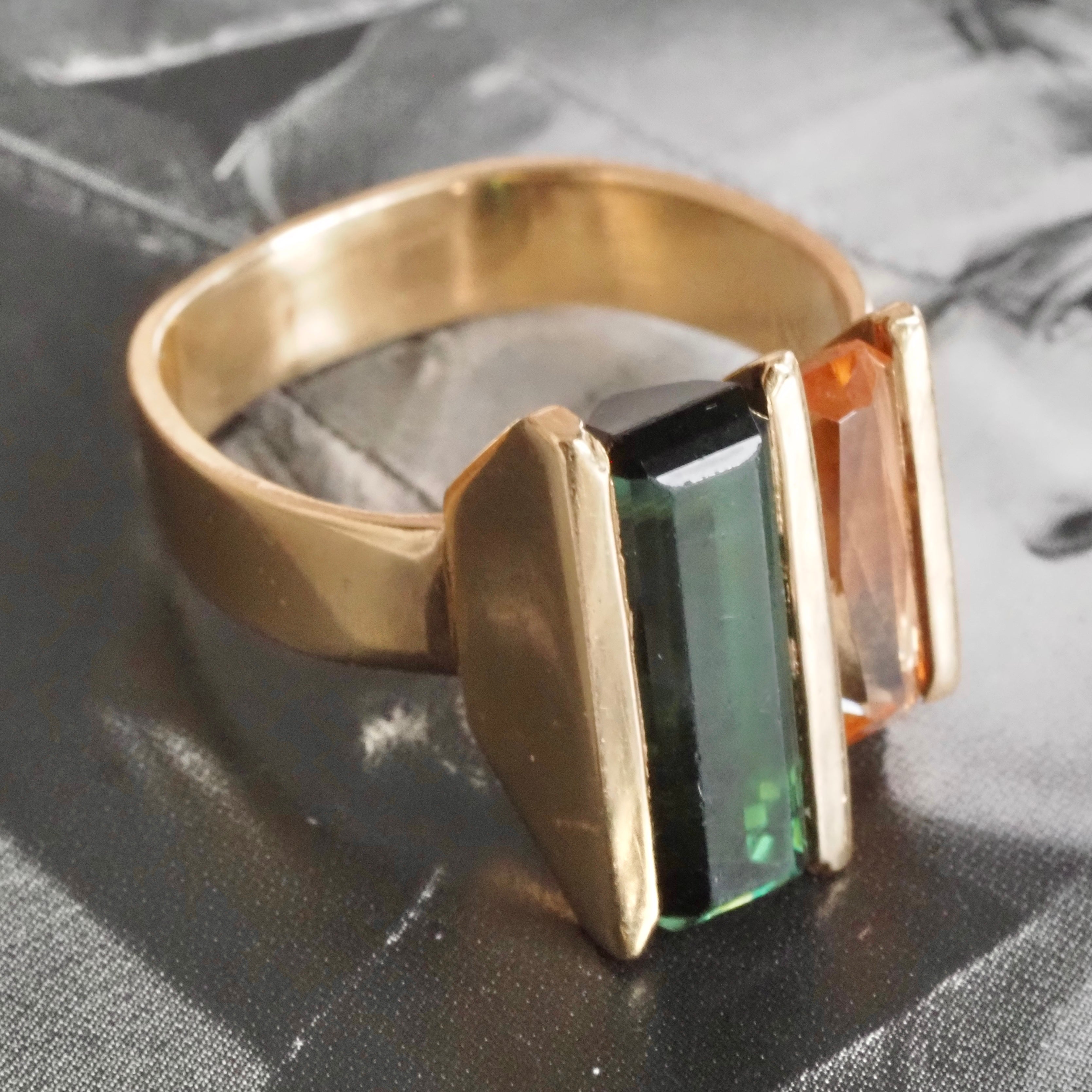 Modernist Tourmaline and Imperial Topaz 14k Gold Ring