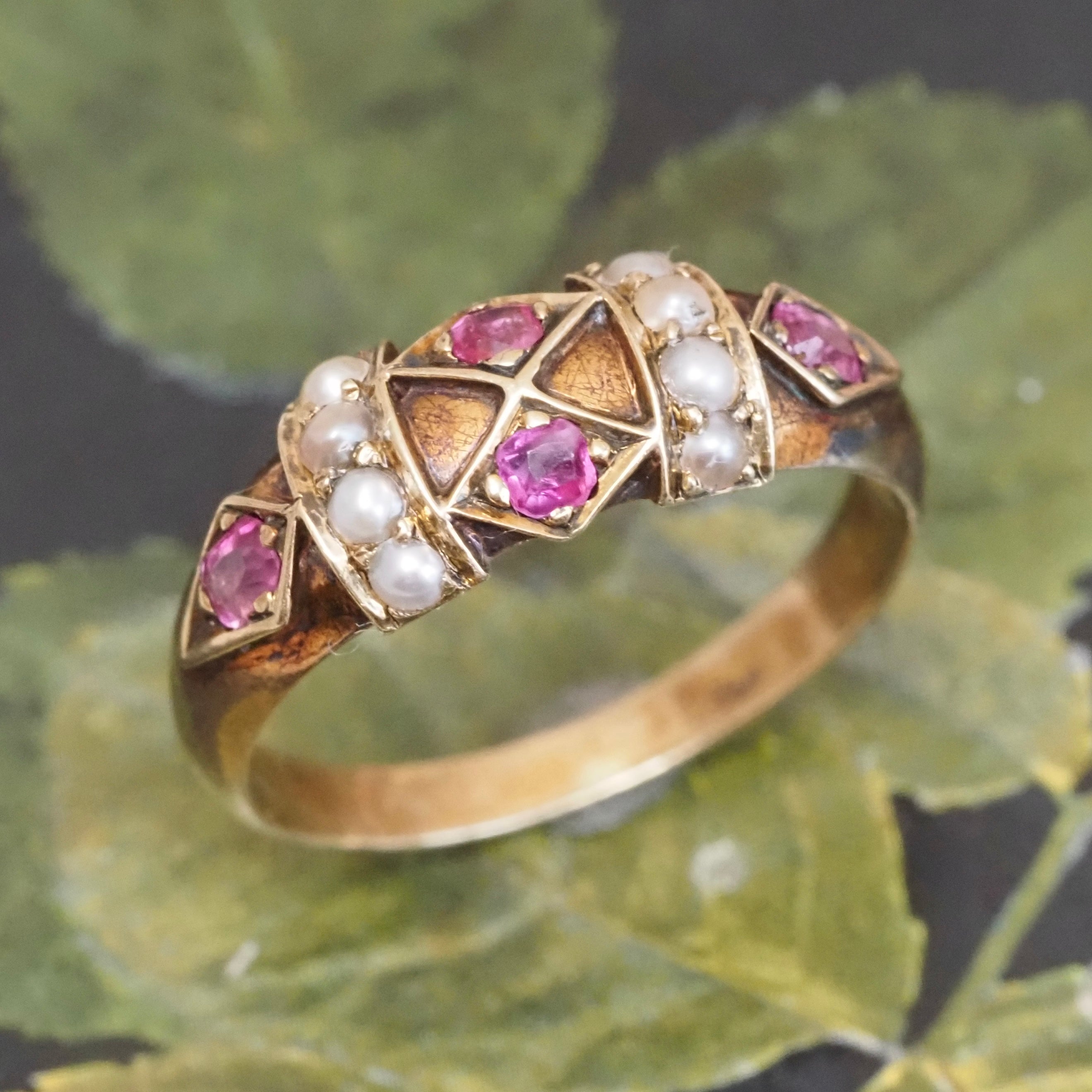 Antique Victorian English Ruby and Seed Pearl 15k Gold Ring