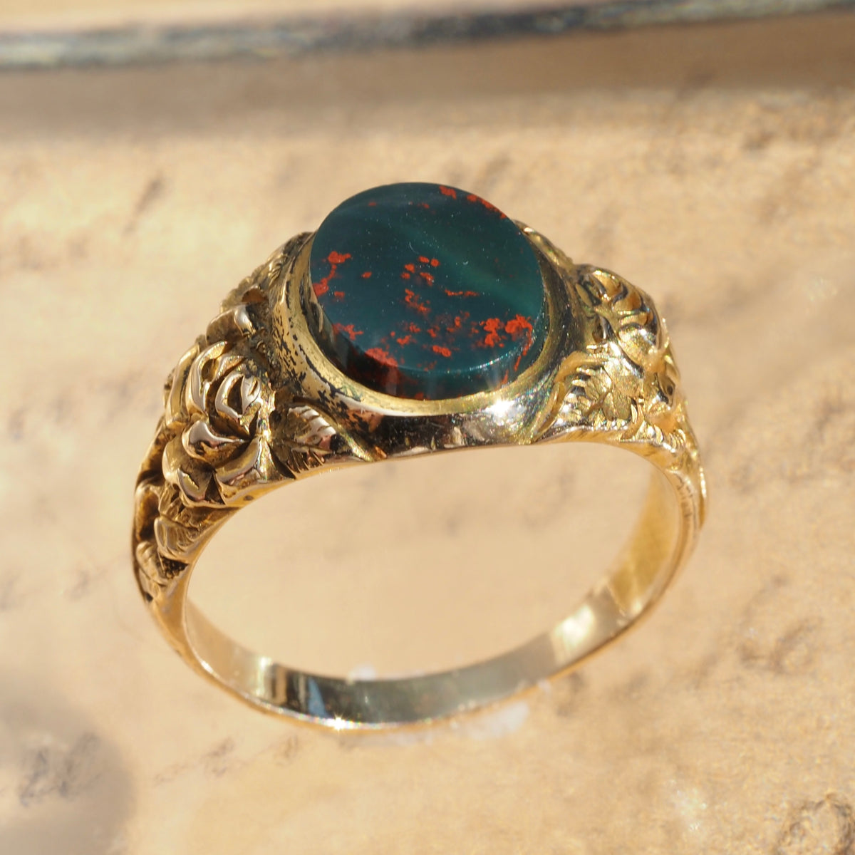 Antique Bloodstone and Roses 10k Gold Signet Ring