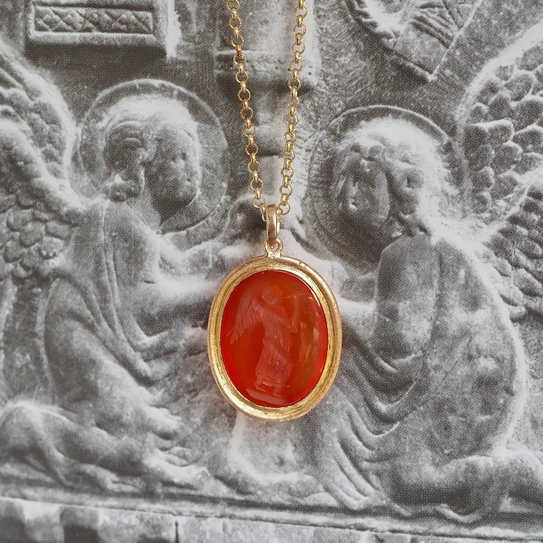 Antique Carnelian Angel Gabriel Intaglio Pendant with Vintage English 9k Gold Chain