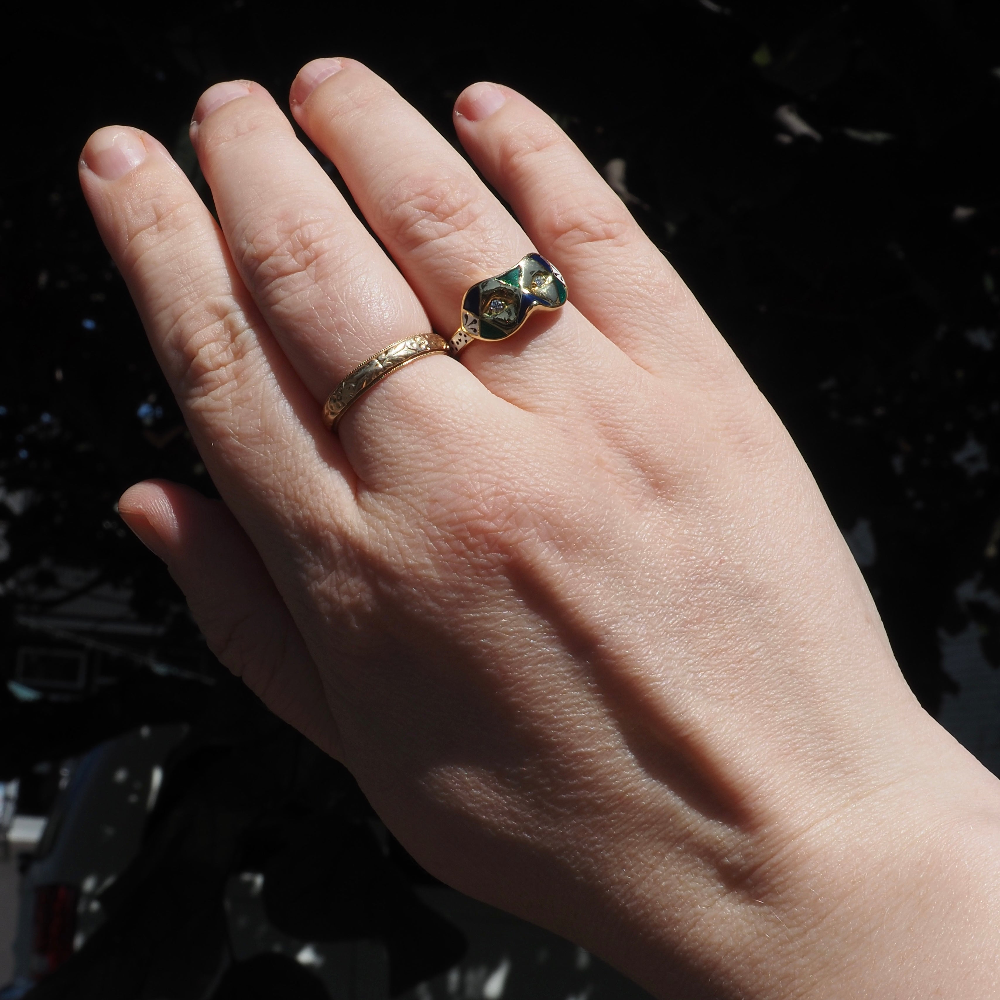 English Painted Mask Diamond and Enamel 18k Gold Ring