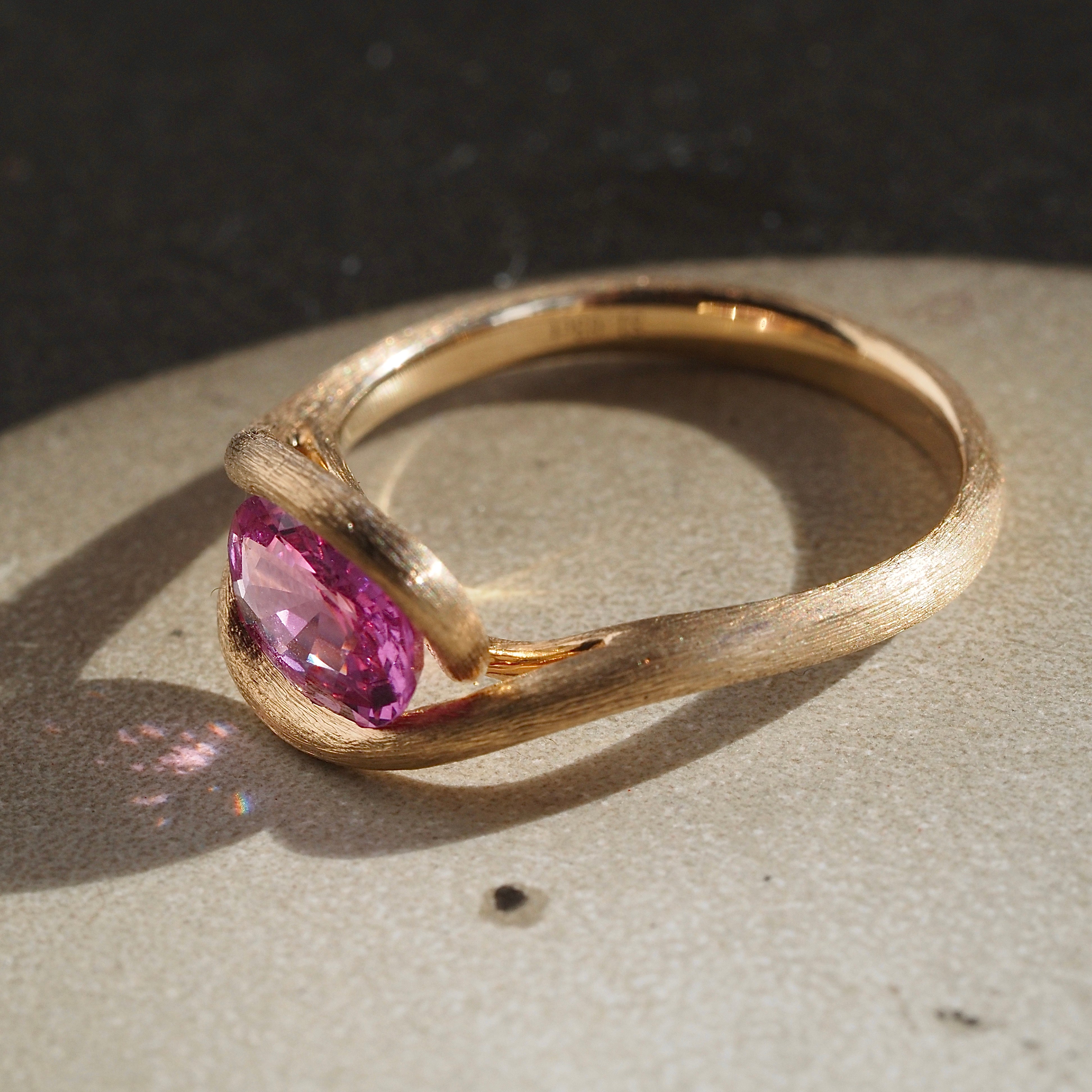 Natural Pink Sapphire Brushed 14k Gold Ring
