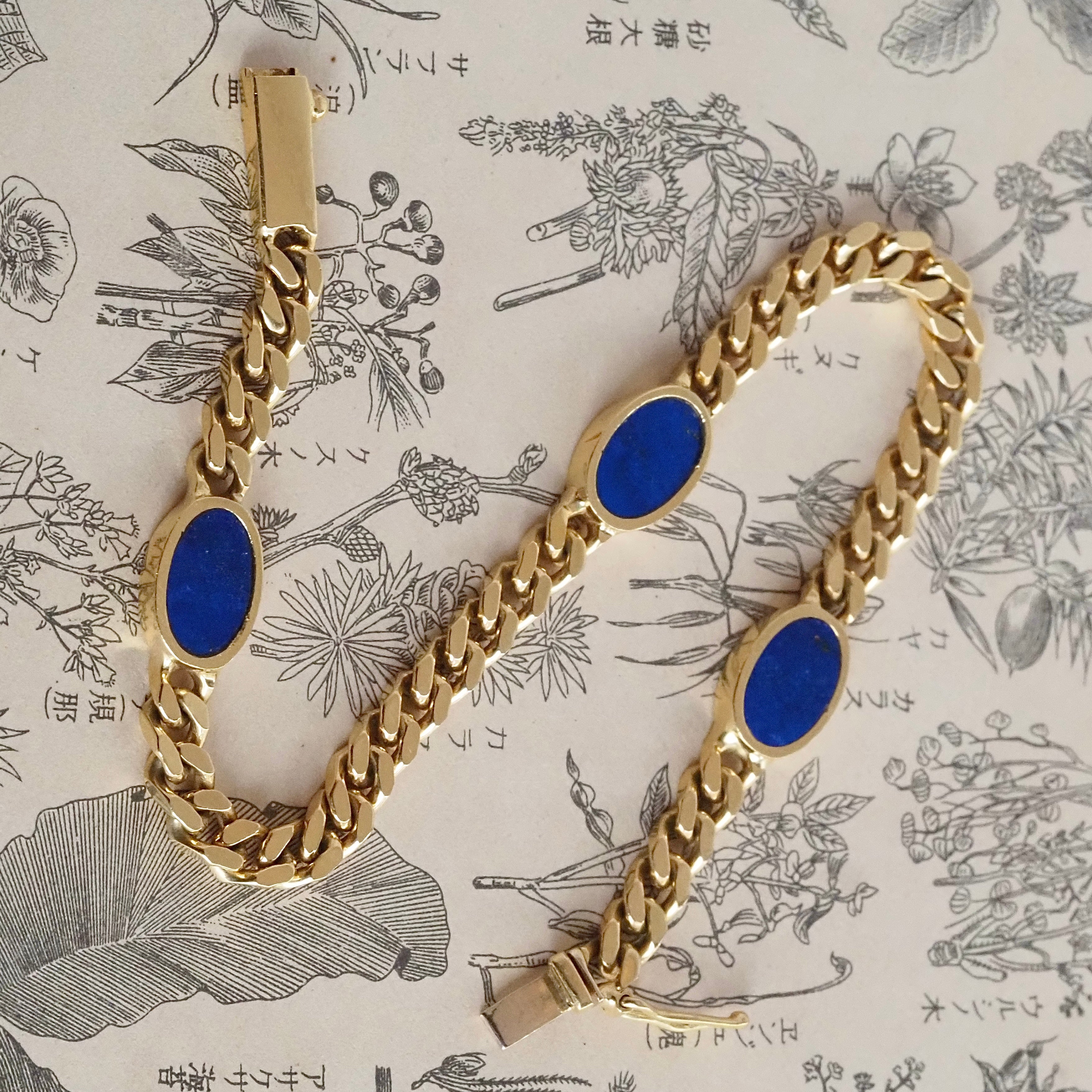Vintage Italian 18k Gold Lapis Station Curb Solid Link Chain Bracelet
