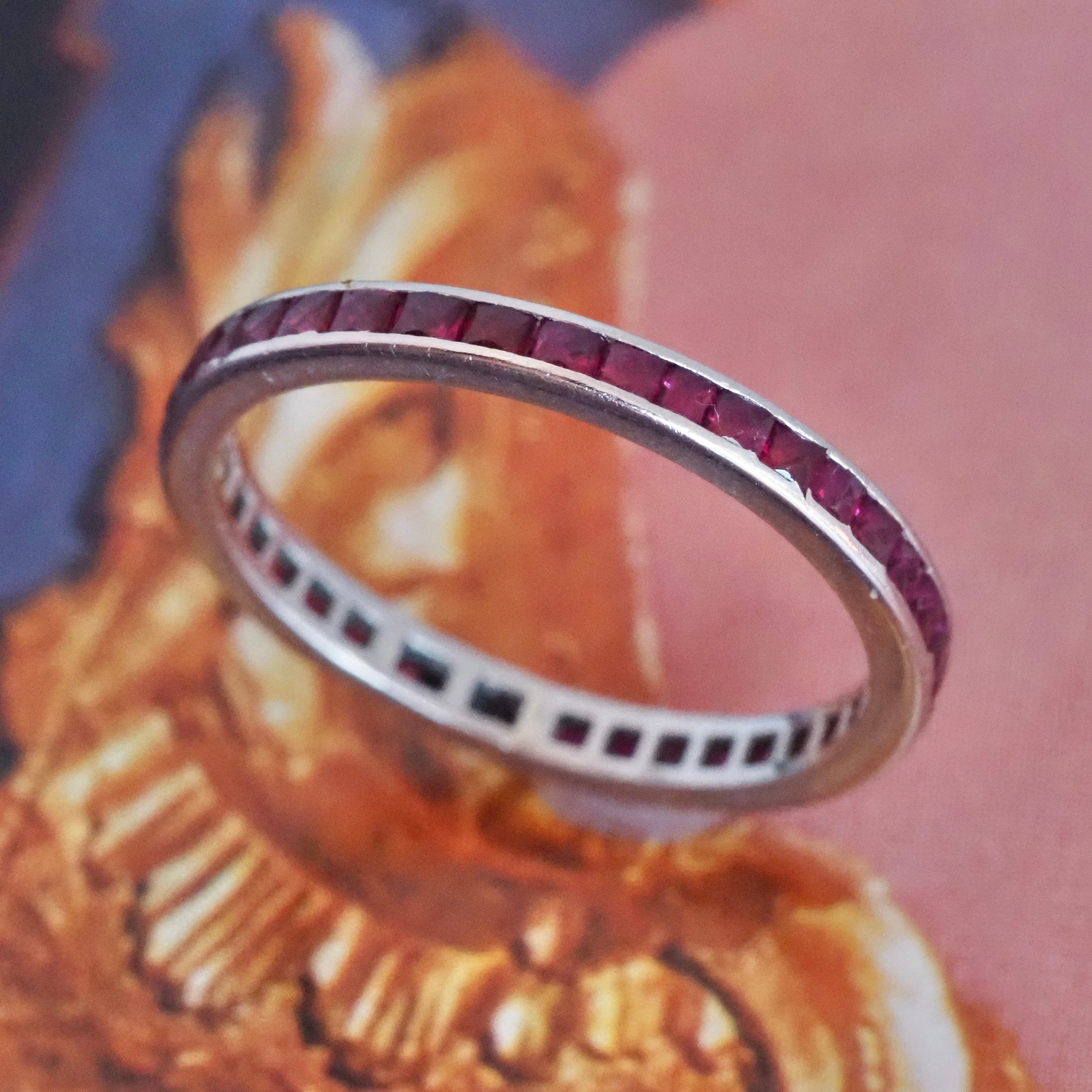 Antique Art Deco Platinum French Cut Ruby Eternity Band