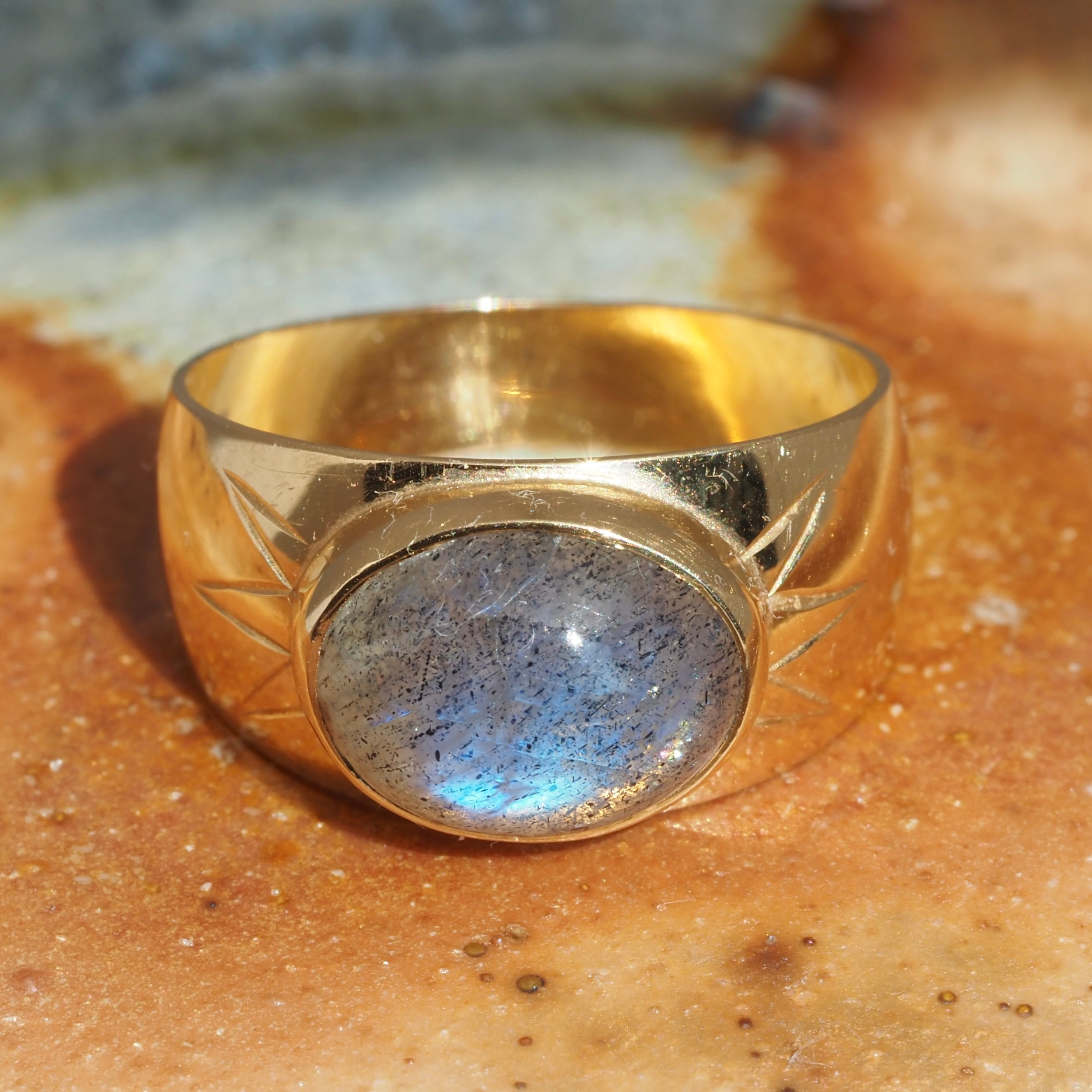 Mid-Century Swedish Labradorite Cabochon Wide 18k Gold Ring