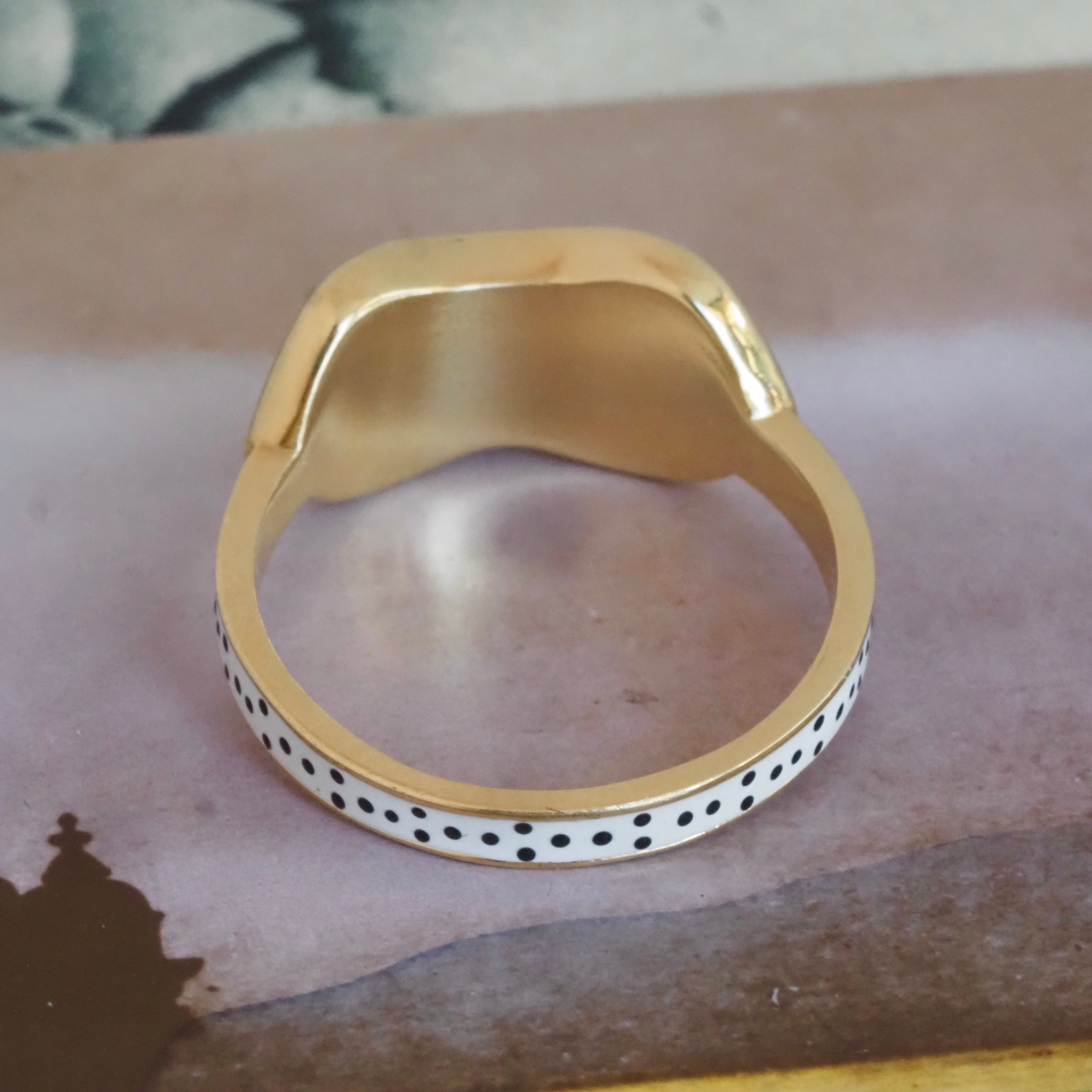 English Painted Mask Diamond and Enamel 18k Gold Ring