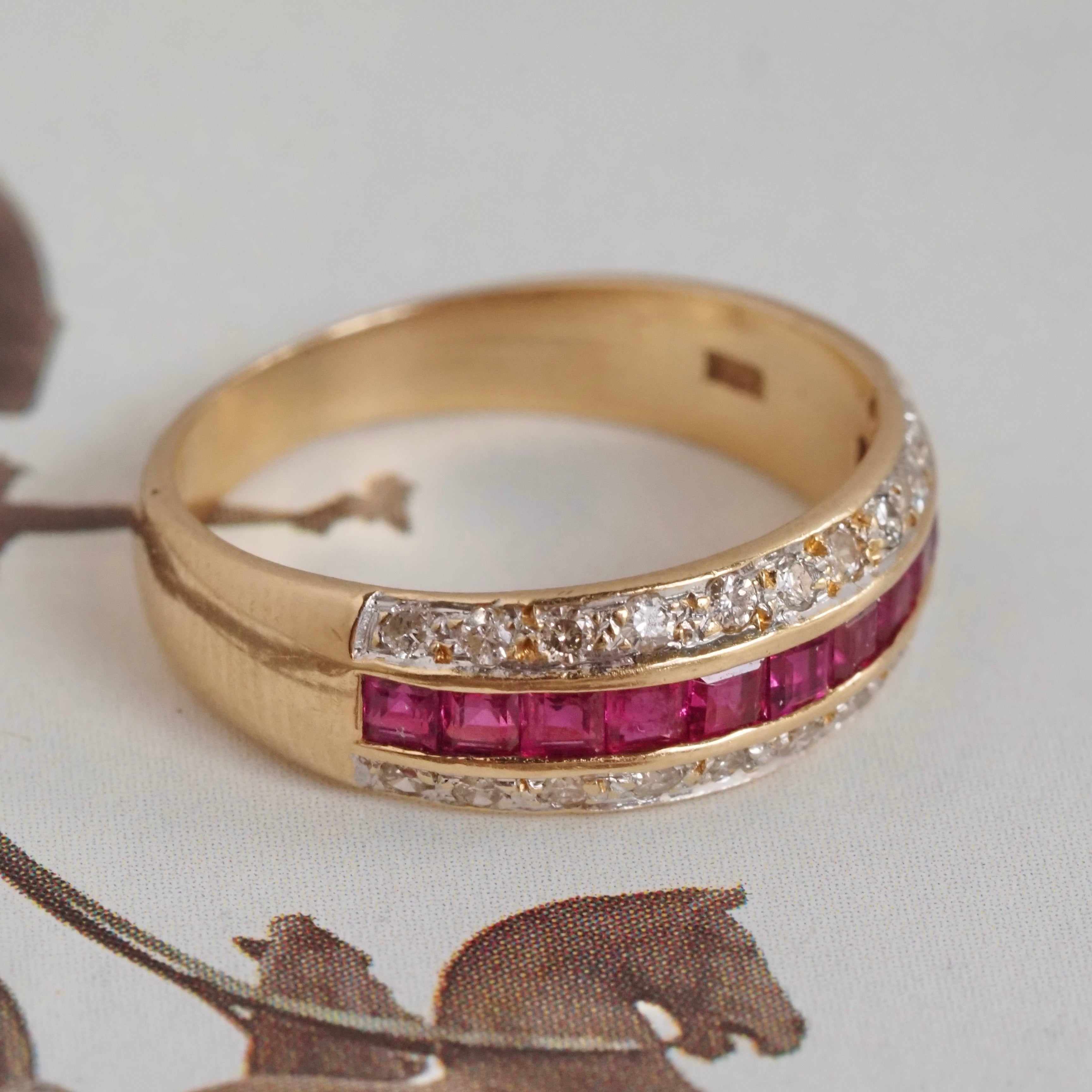 Vintage Channel Set Natural Princess Cut Ruby and Diamond 14k Gold Ring