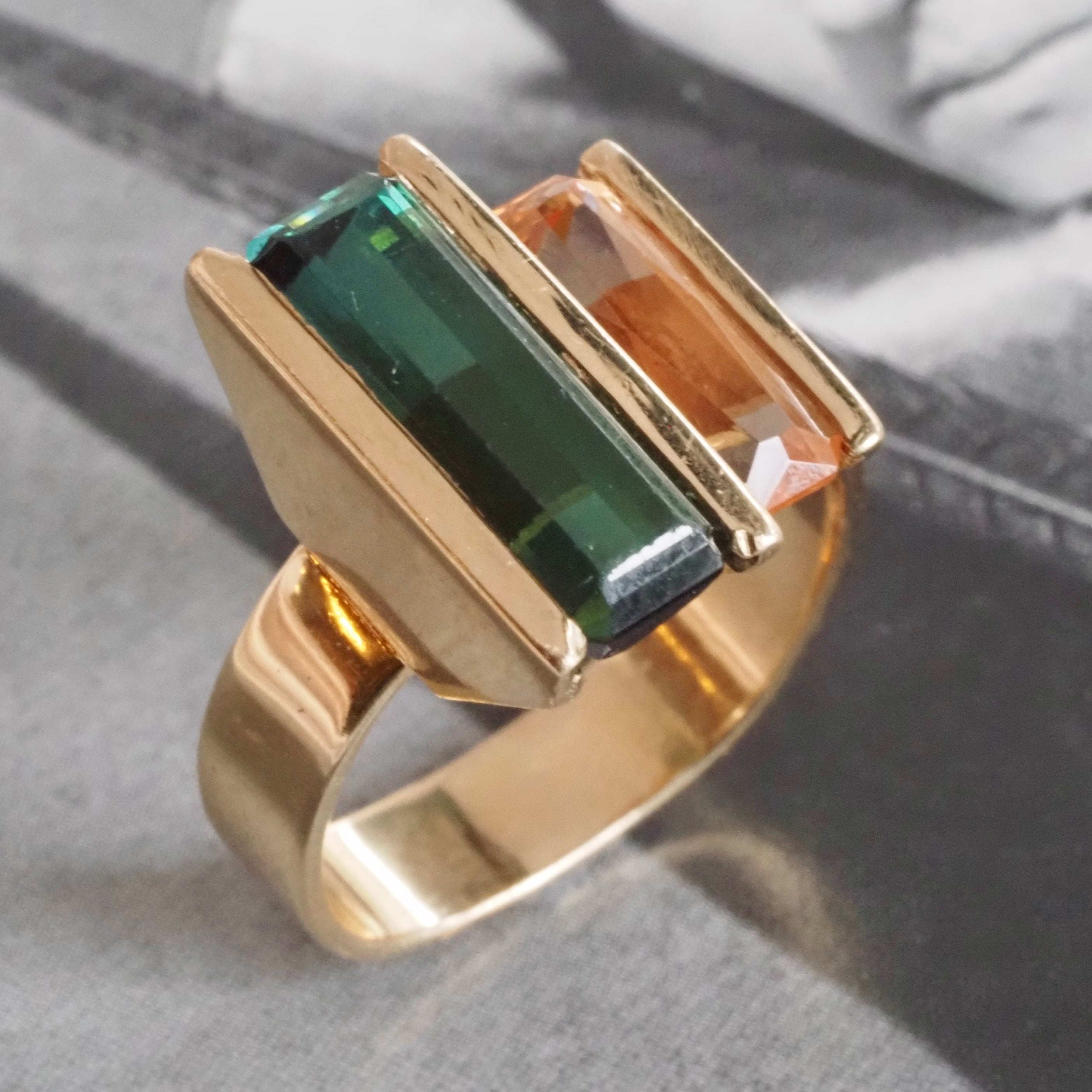 Modernist Tourmaline and Imperial Topaz 14k Gold Ring