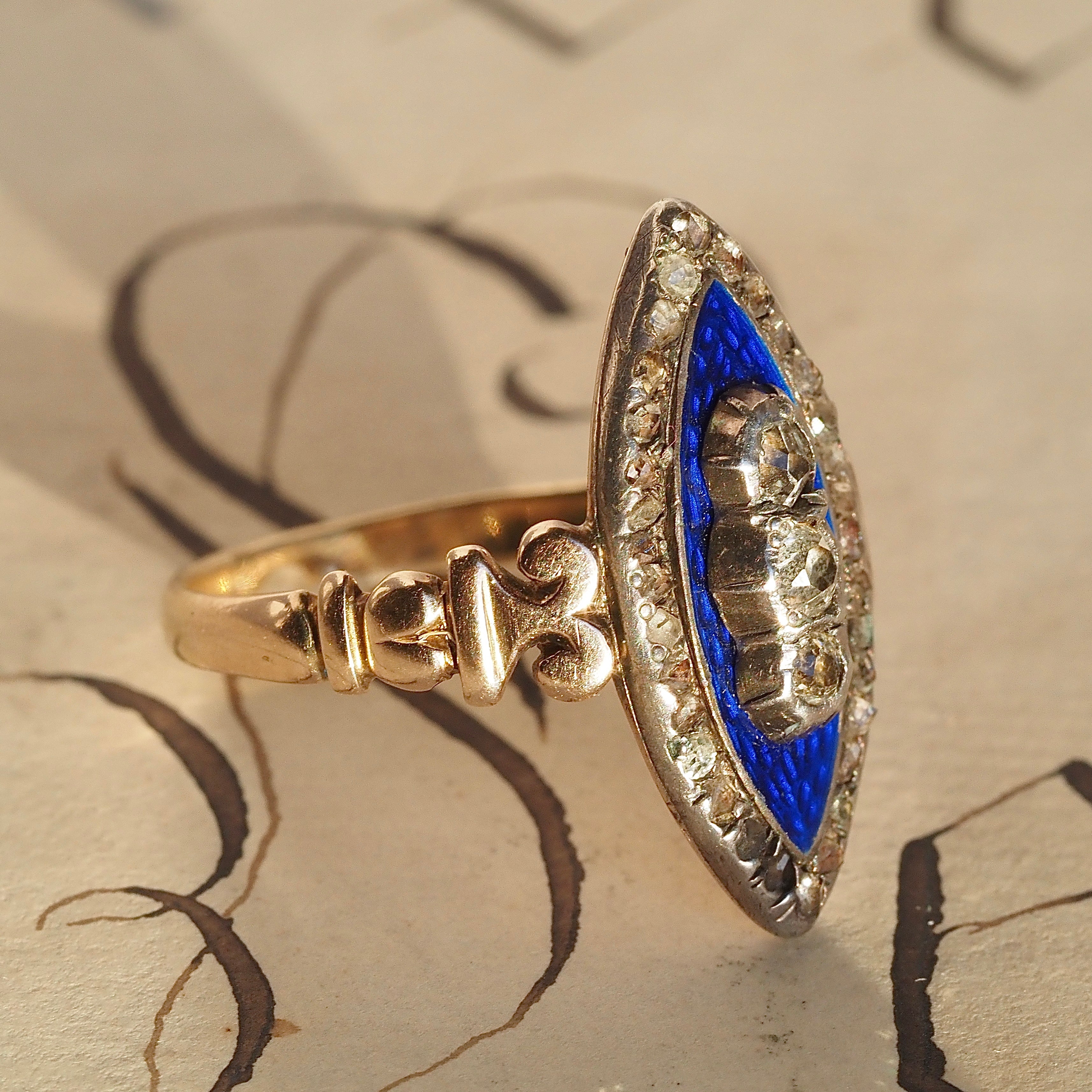Antique Georgian "Bague au Firmament" Ring of the Heavens Rose Cut Diamond Midnight Enamel 15k Gold & Silver Navette Ring