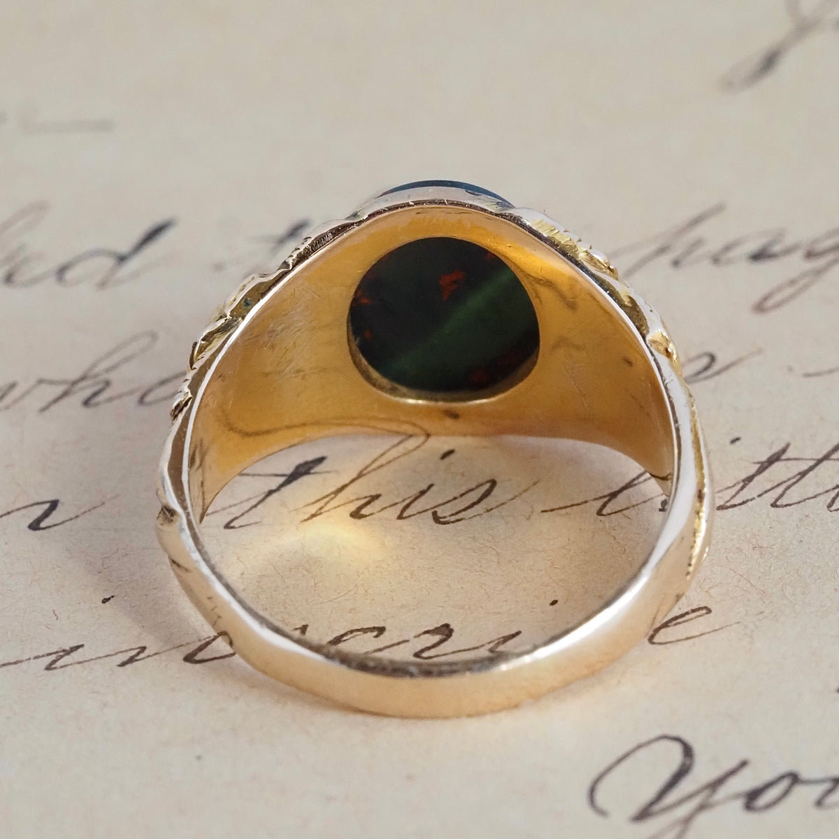 Antique Bloodstone and Roses 10k Gold Signet Ring