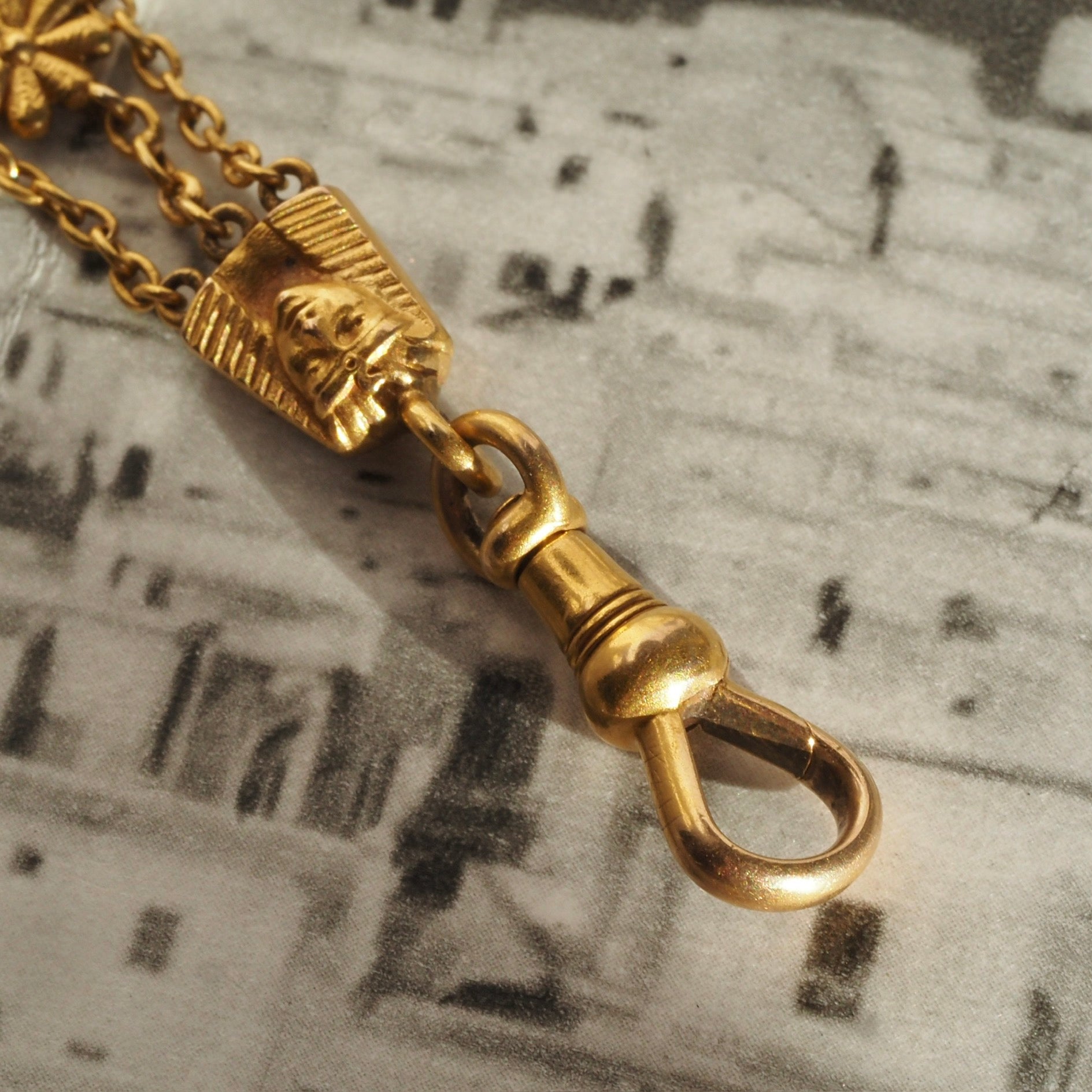 Antique Victorian Egyptian Revival Bloomed 14k Gold Floral Figurative Fob with Dog Clip