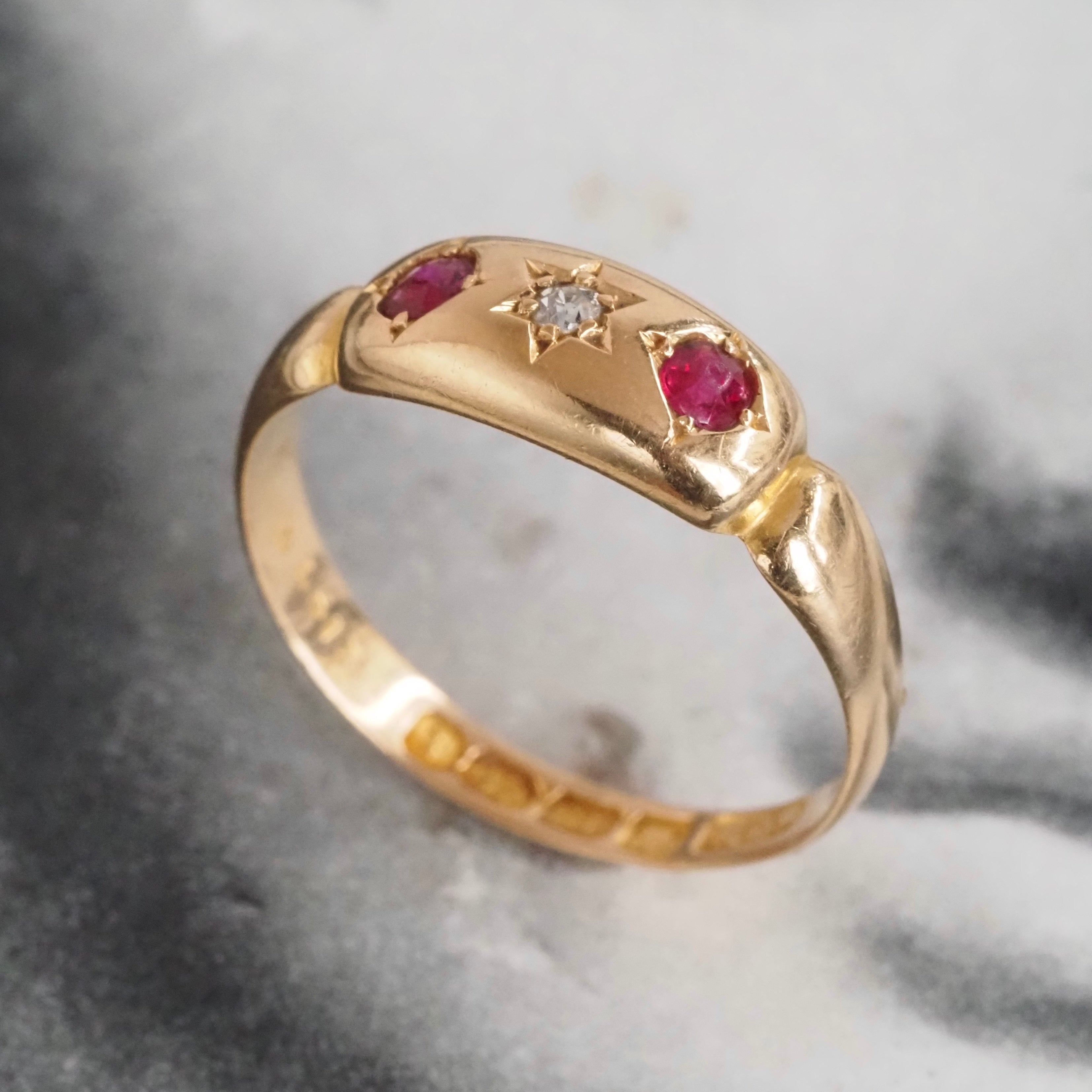 Antique Victorian English c. 1893 Ruby and Old Mine Cut Diamond Starburst 18k Gold Ring