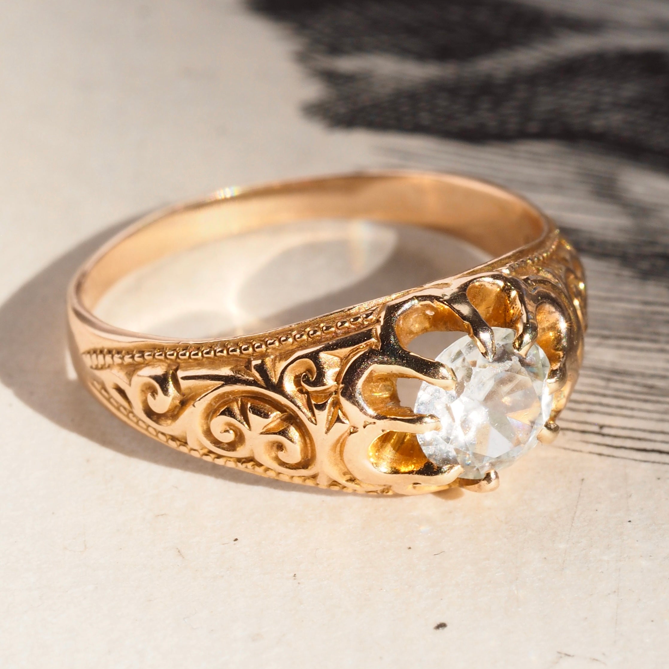Antique Victorian 14k Gold White Topaz Belcher Ring