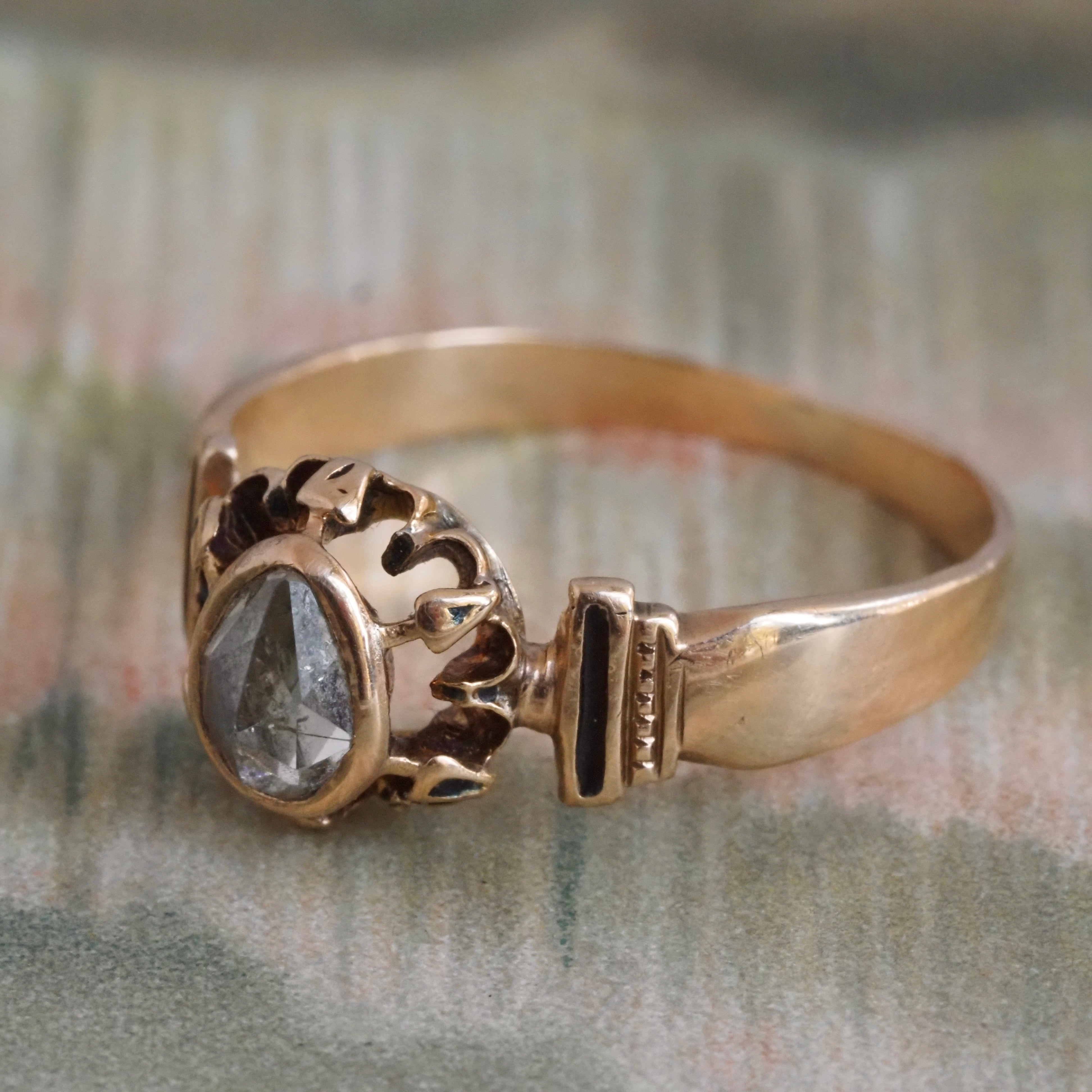 Antique Victorian Foil Backed Pear Rose Cut Diamond Black Enamel 14k Gold Ring