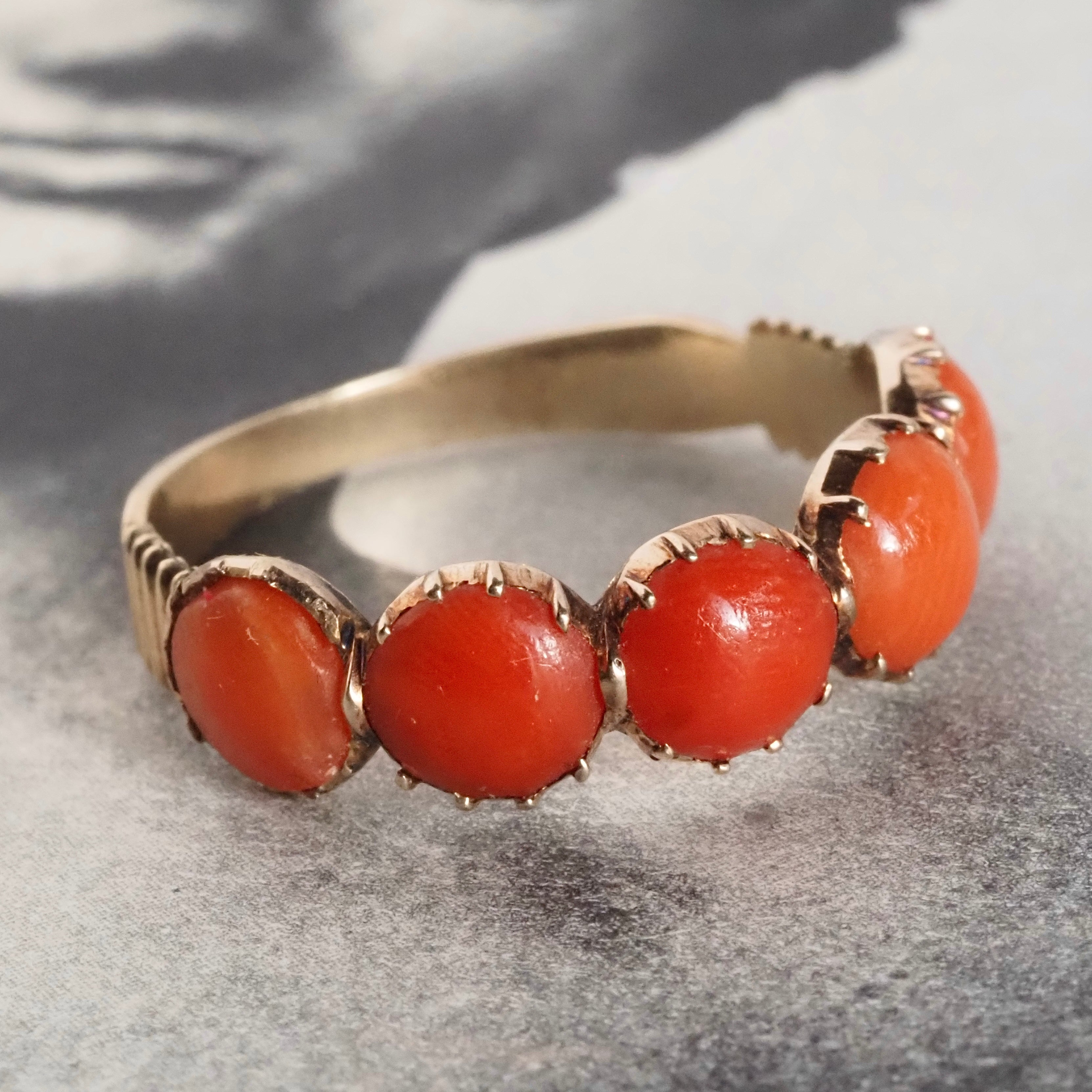 Antique Georgian Five Stone Coral 14k Gold Ring