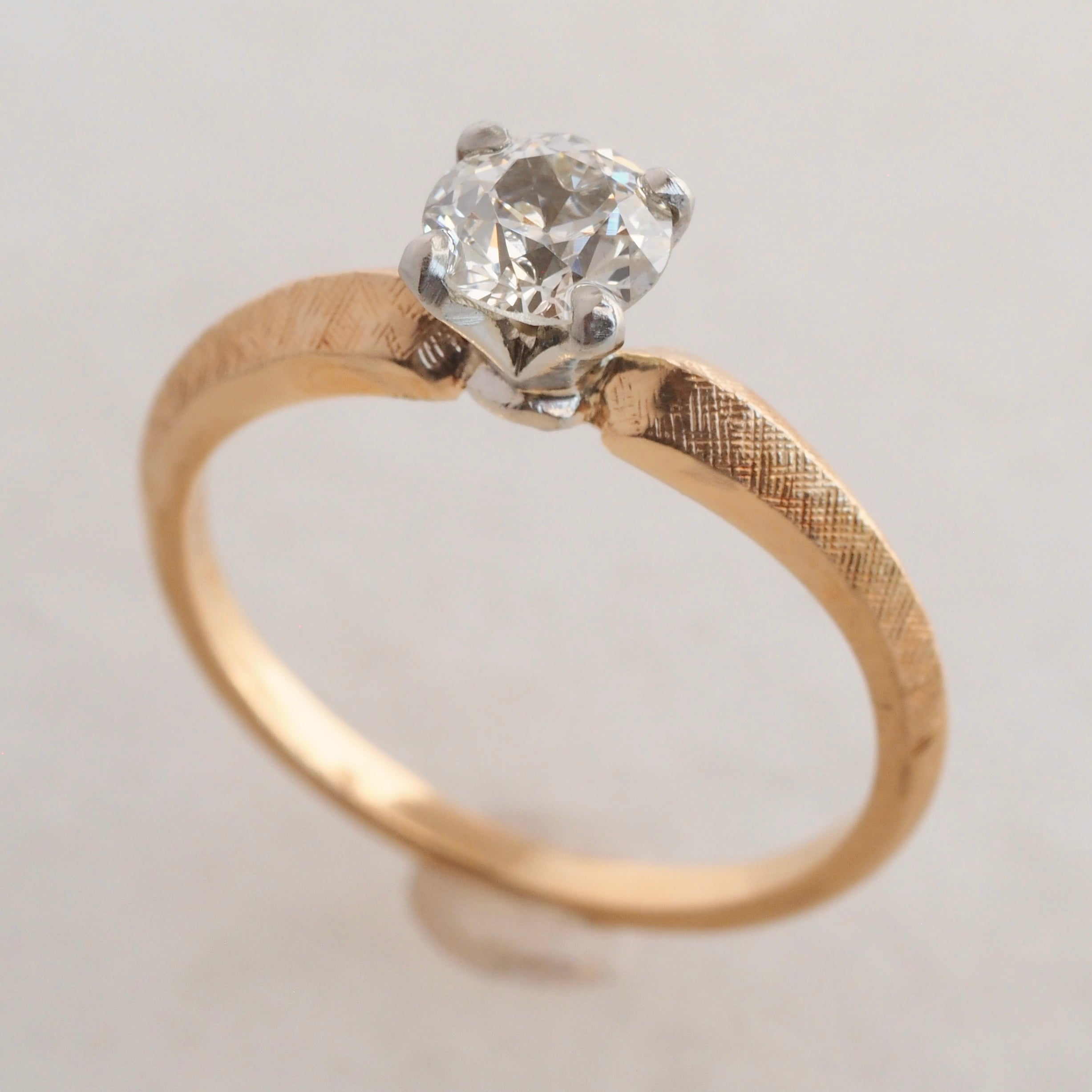 Midcentury Modern Brushed 18k Gold Old European Cut Diamond Ring