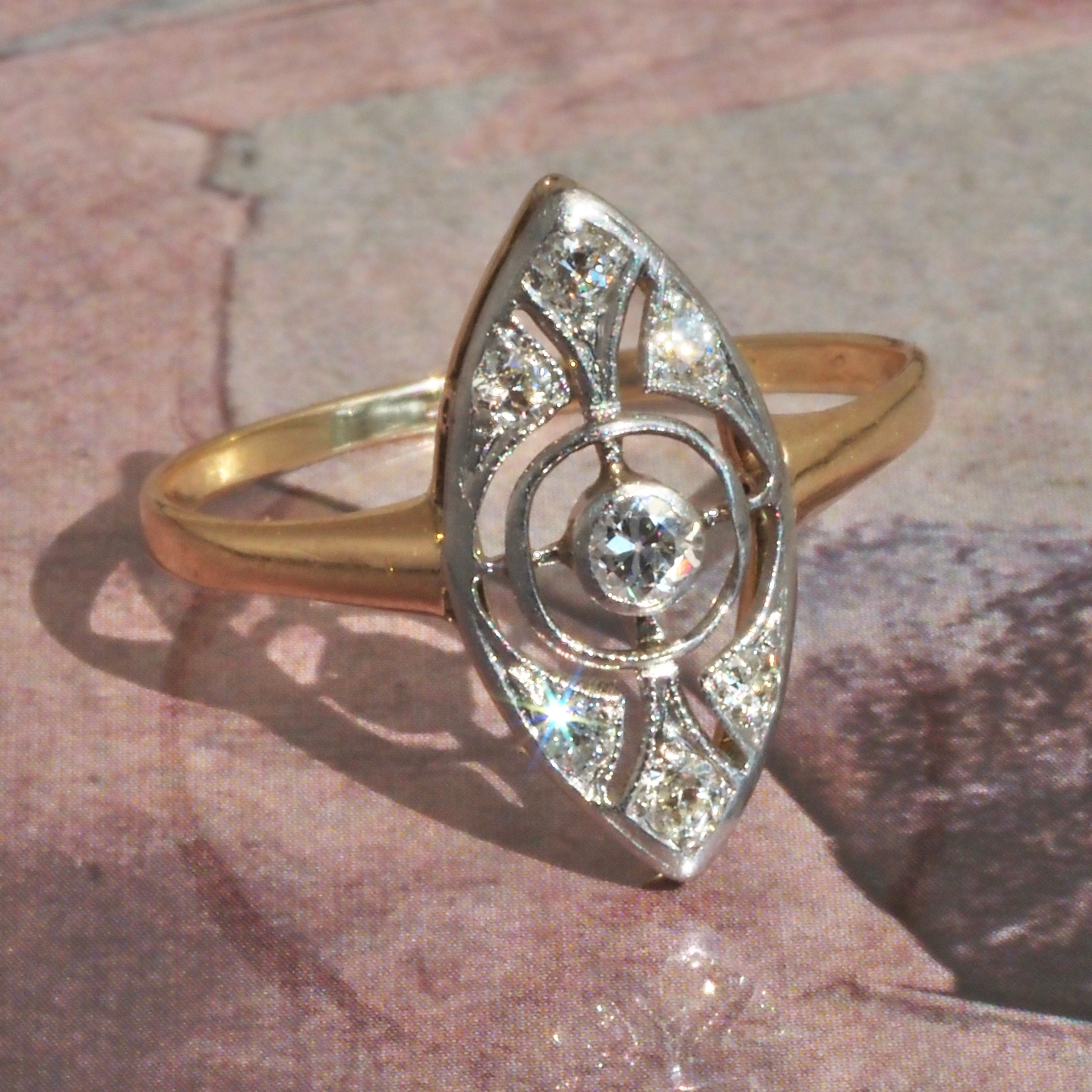 Antique Late Edwardian Navette Diamond Platinum 14k Gold Ring