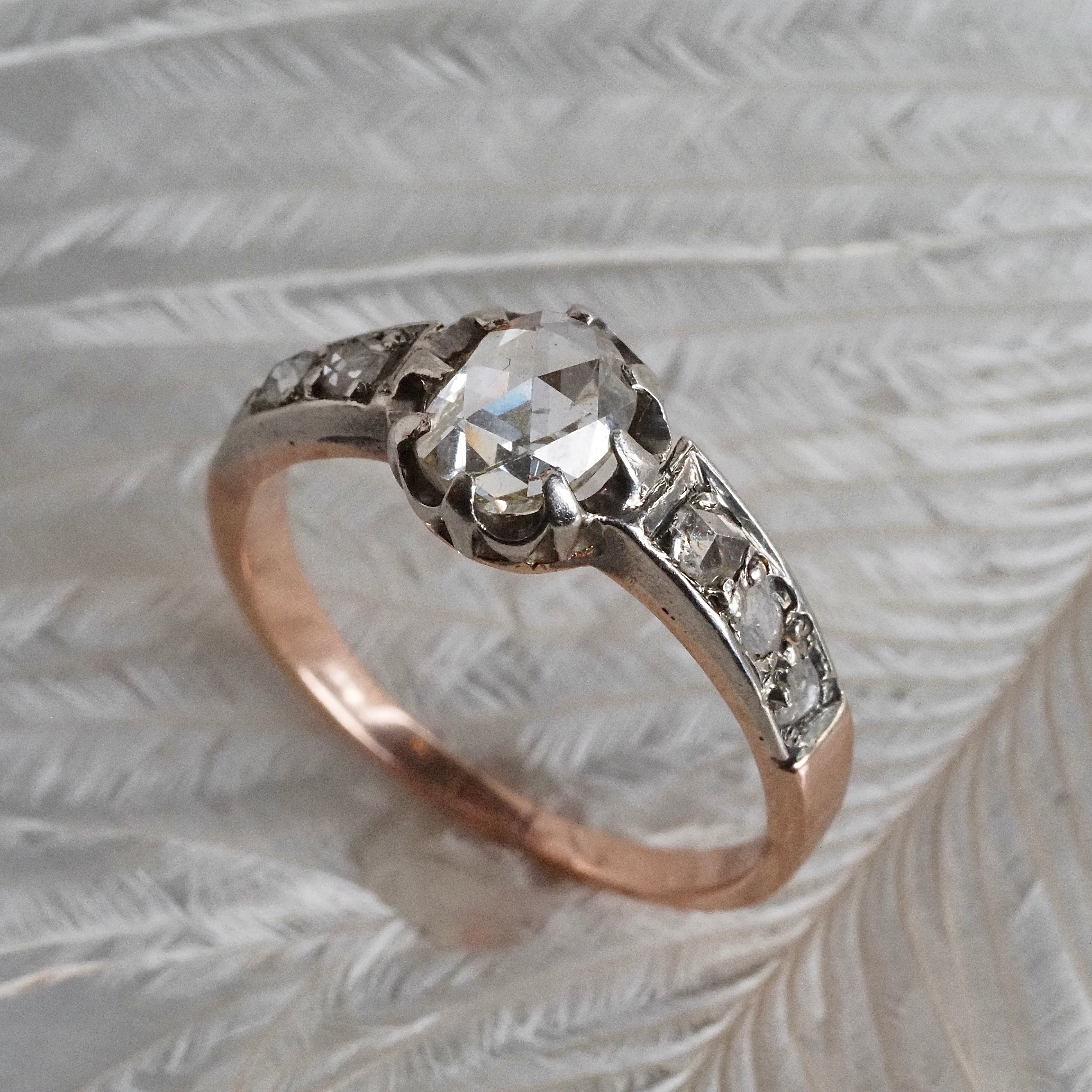 Antique Victorian Rose Cut Diamond 18k Gold and Silver Engagement Ring