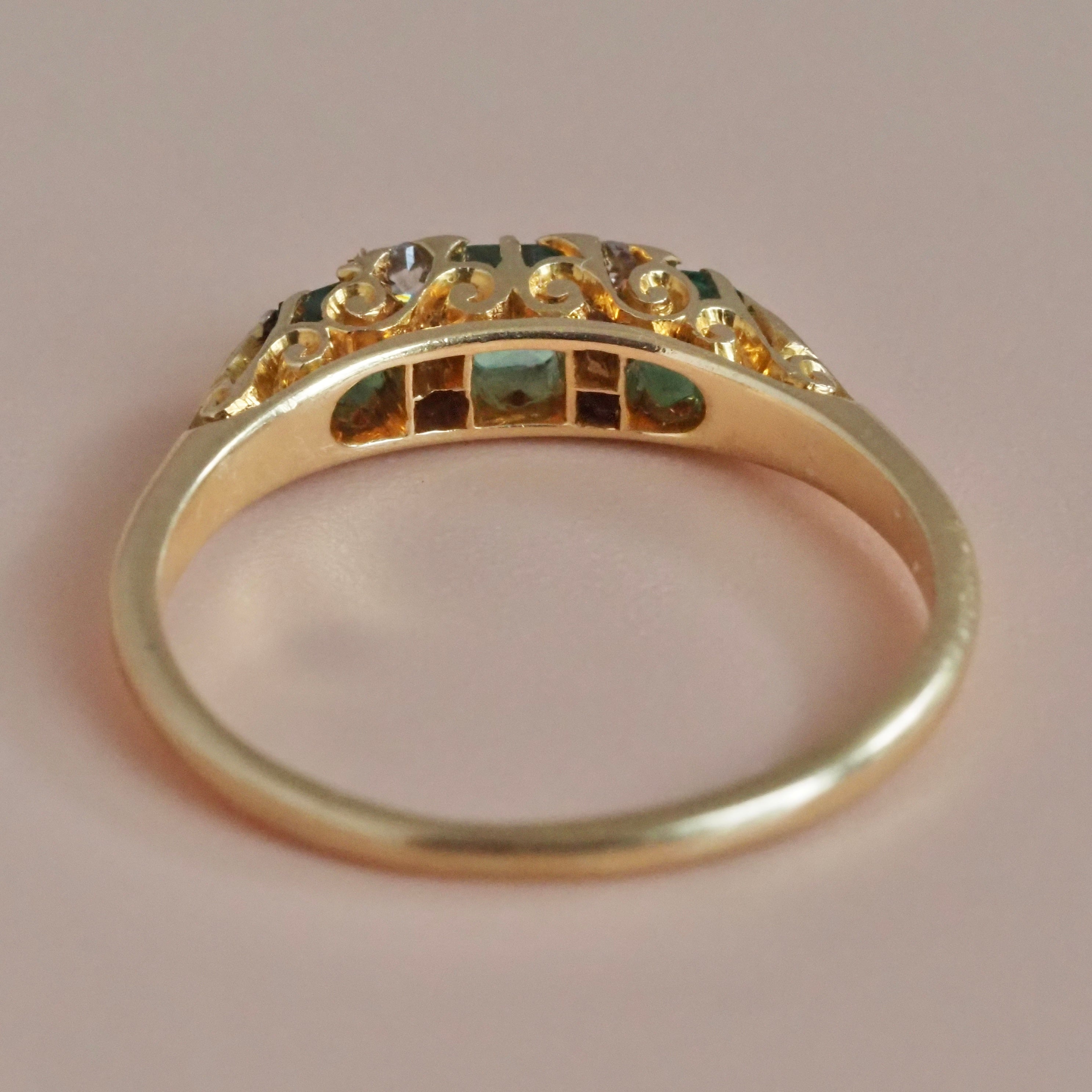 Antique Edwardian 18k Gold Emerald and Old Mine Cut Diamond Scroll Ring