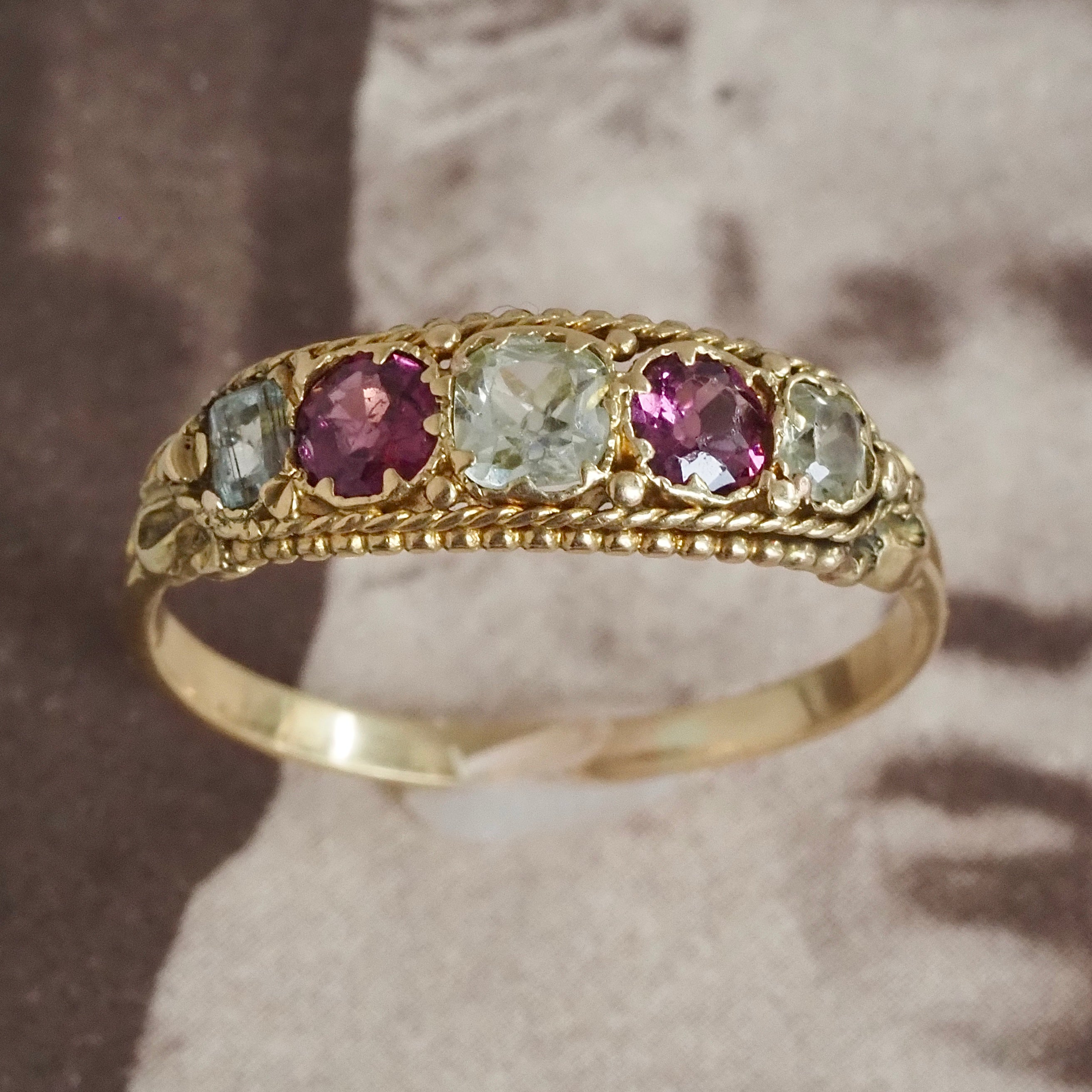 Antique Victorian Five Stone Chrysoberyl Garnet Emerald 18k Gold Ring
