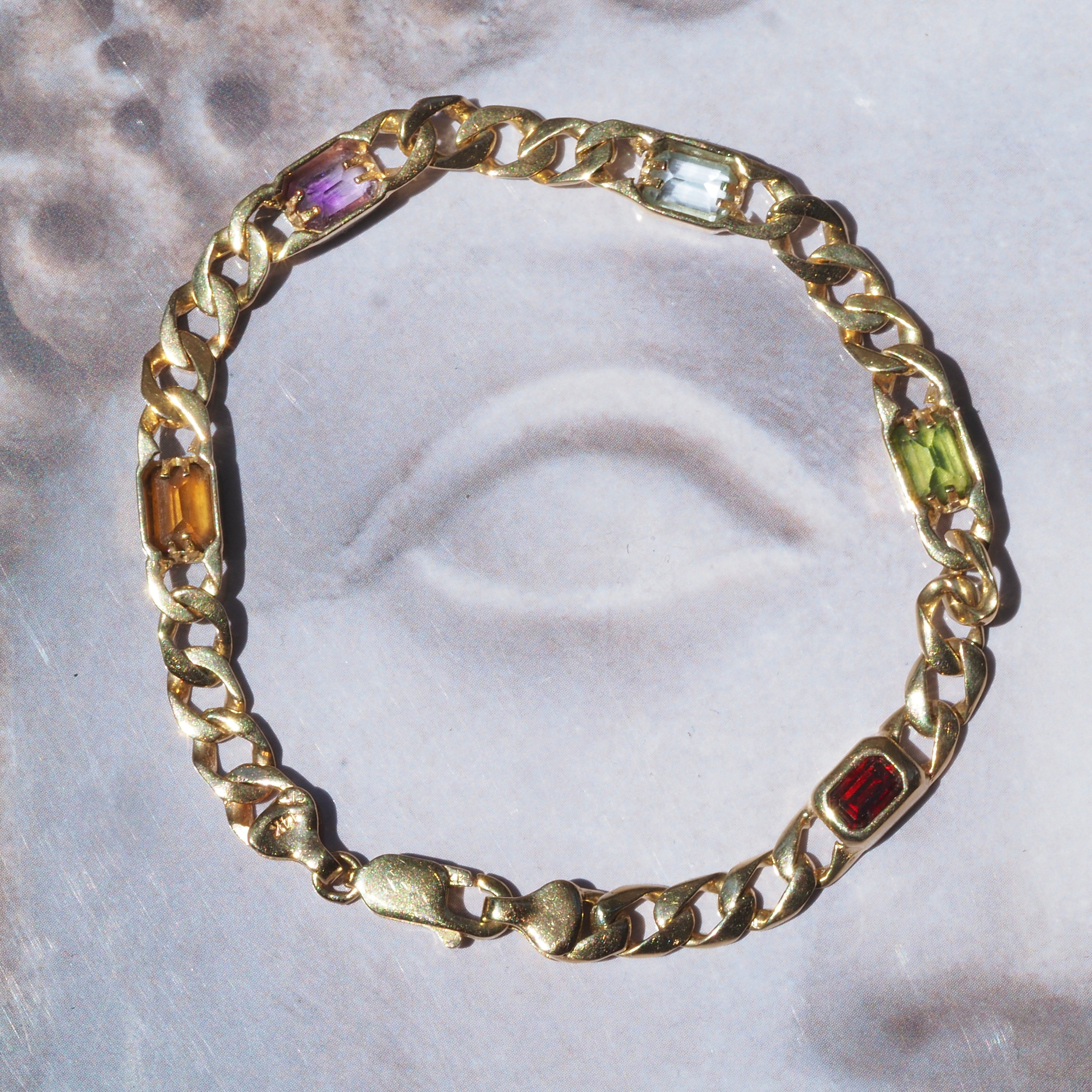 Vintage 14k Gold Curb Station Bracelet with Citrine Peridot Amethyst Garnet and Topaz