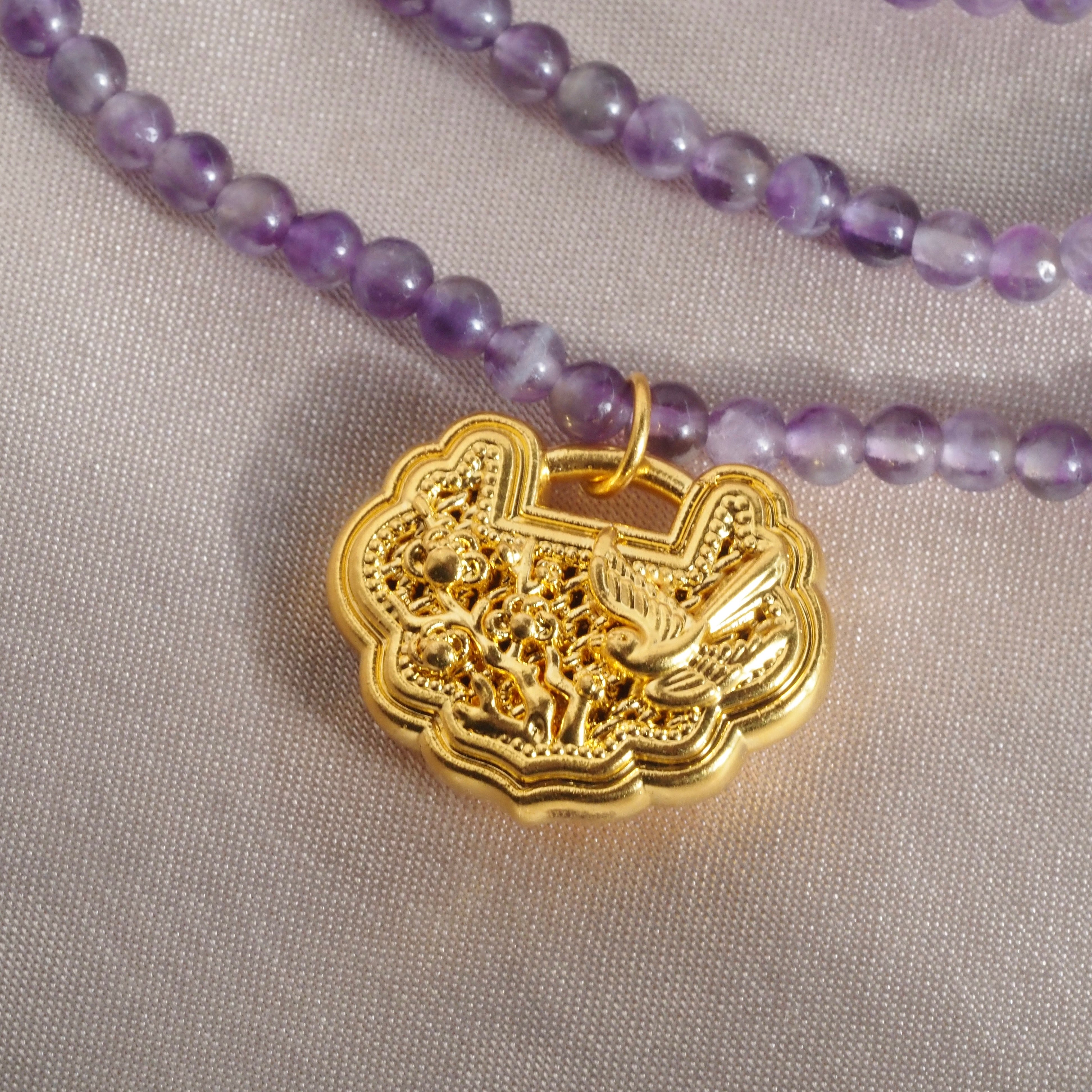 Vintage Chinese Amethyst Bead 24k Gold Lock Charm Necklace