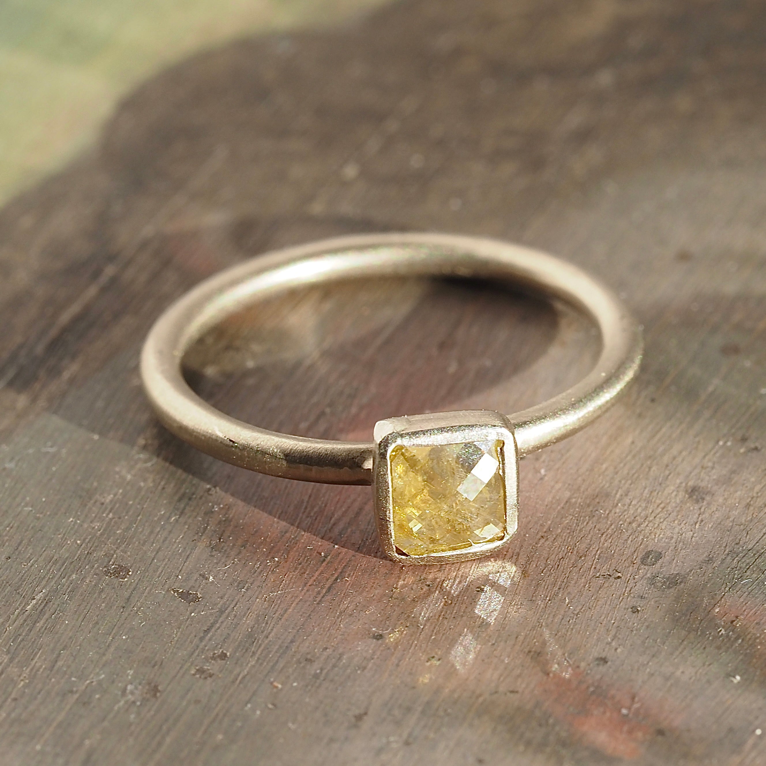 Modern Checkerboard Cut Yellow Diamond 18k White Gold Ring