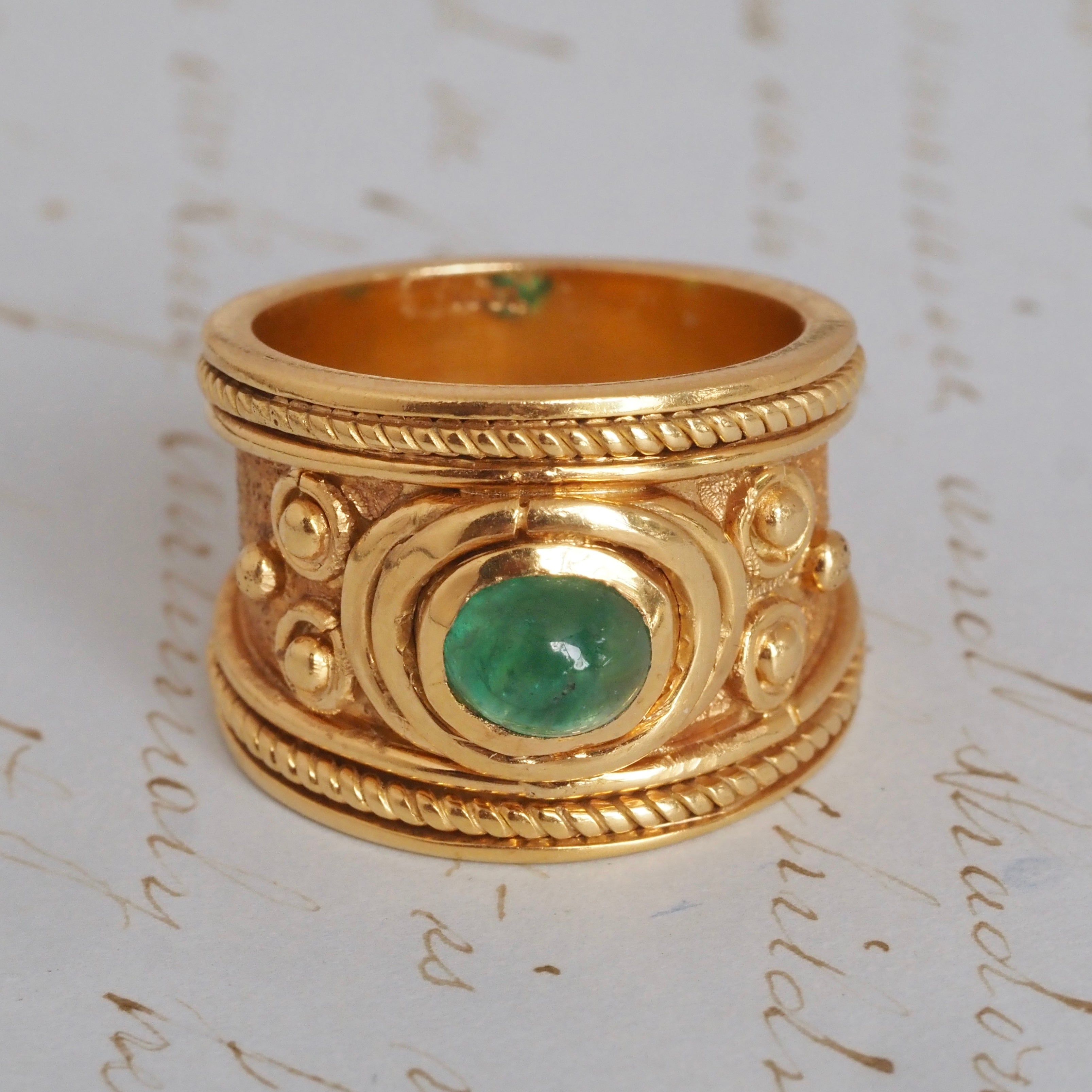 Etruscan Style Emerald Cabochon 18k Gold Wide Ring