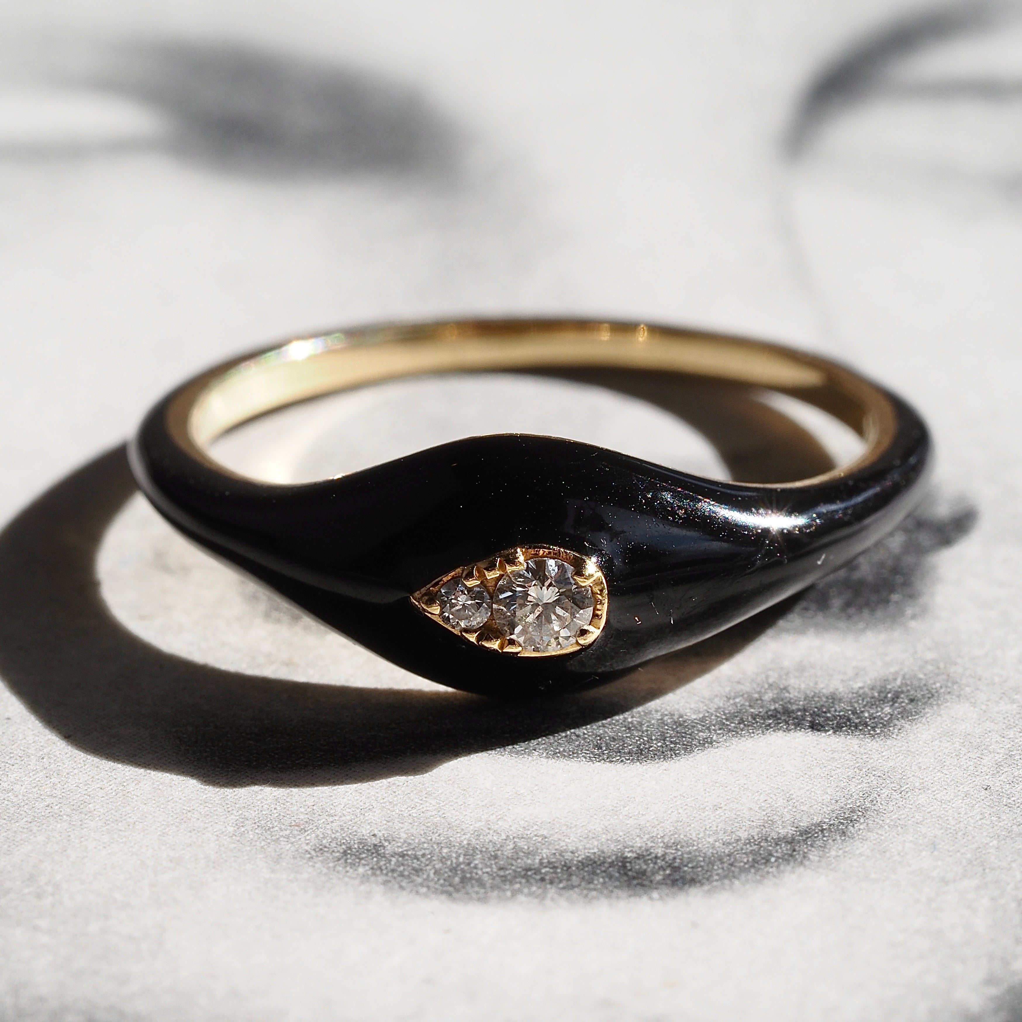 Domed Black Enamel 18k Gold Diamond Teardrop Ring