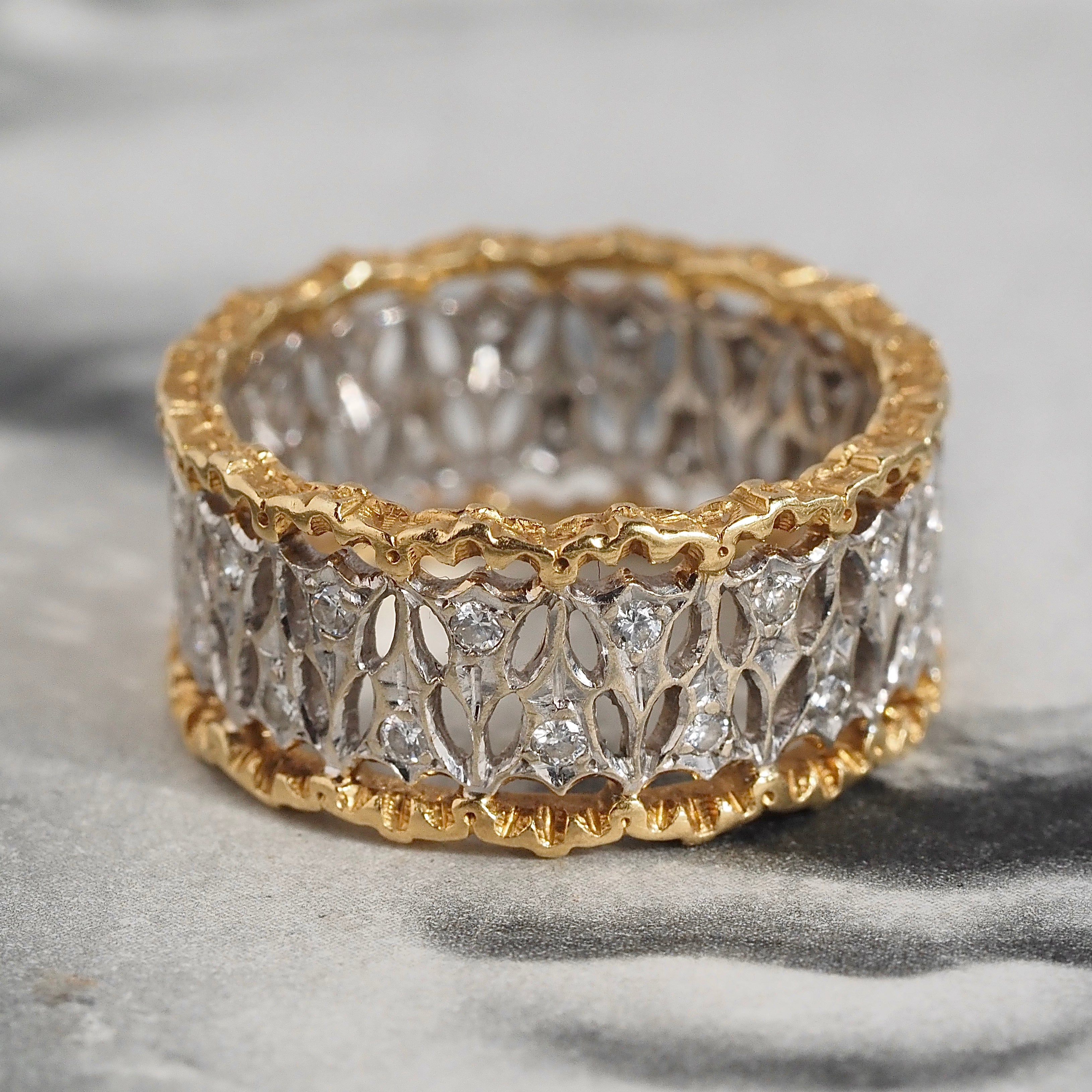 Vintage Italian 18k White and Yellow Gold Diamond Wide Lattice Open Work Band