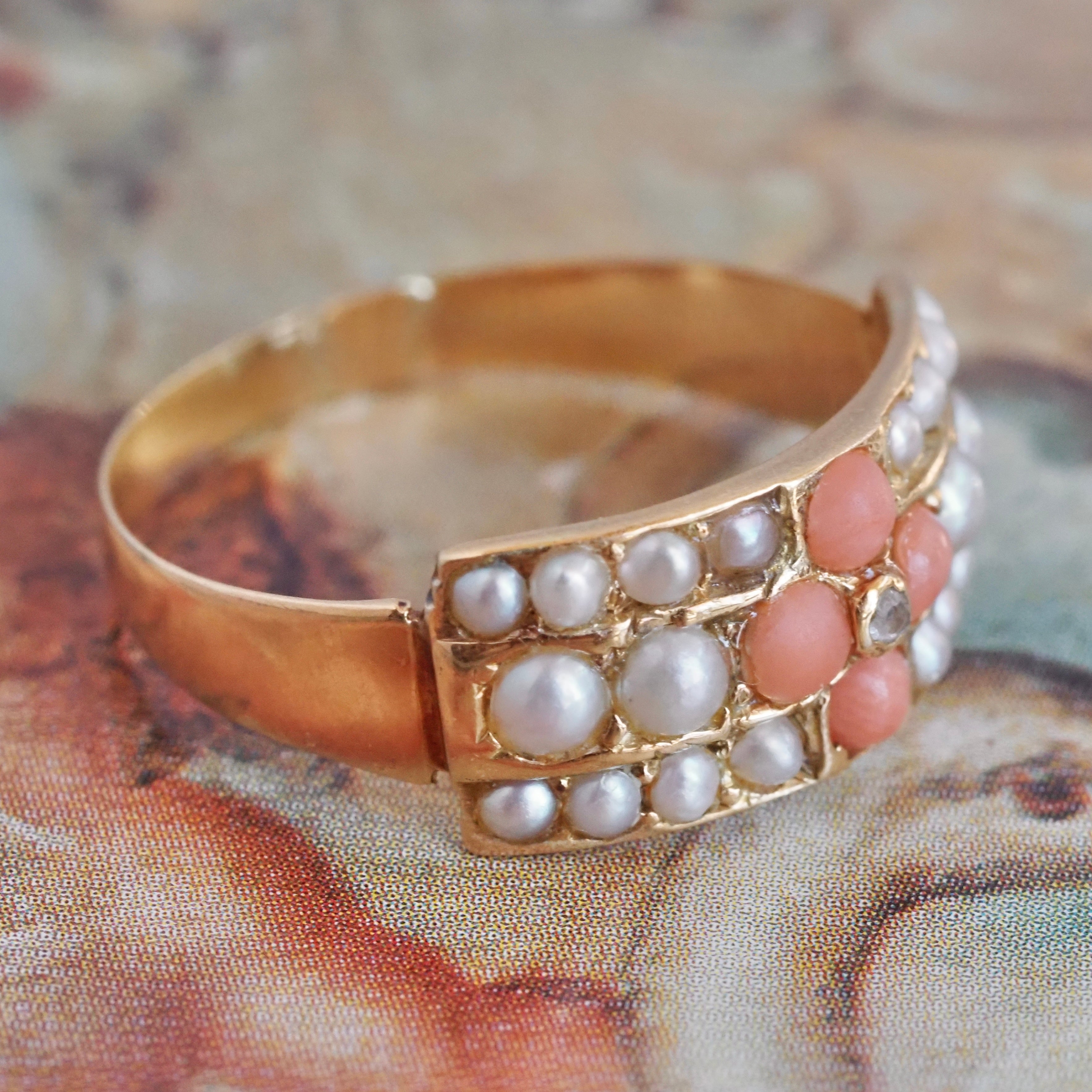 Antique c. 1881 English Coral Seed Pearl Rose Cut Diamond 18k Gold Ring