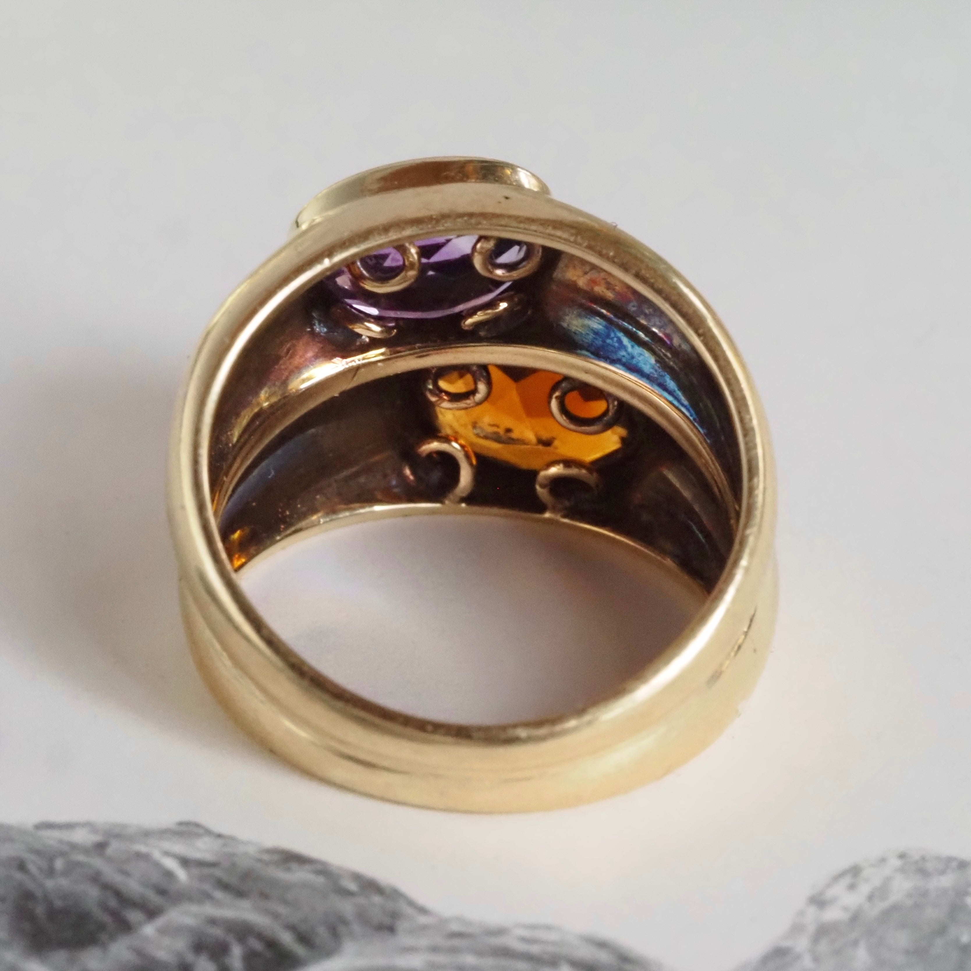 Vintage Citrine and Amethyst Double Dome Bezel Set 14k Gold Ring