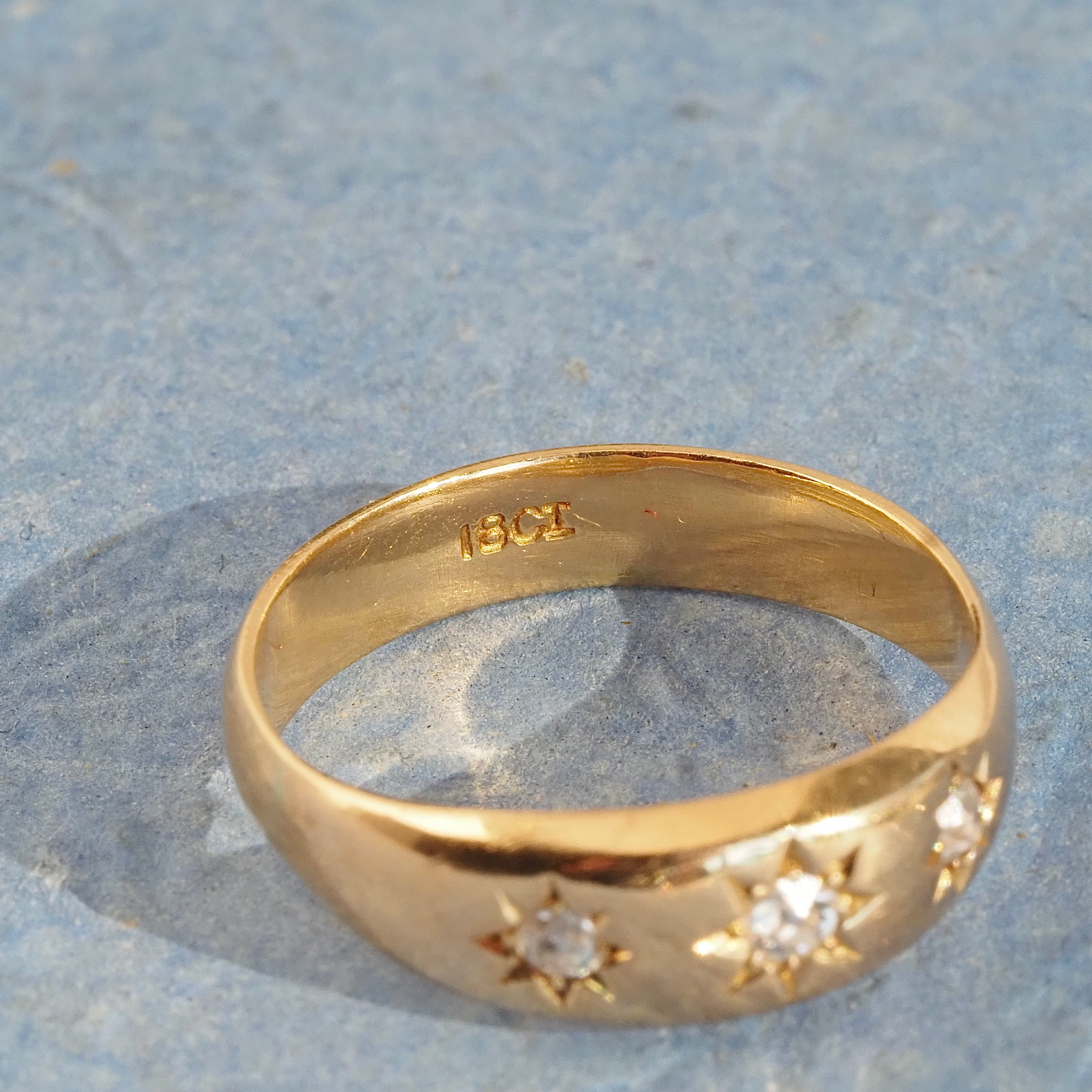 Antique English Starburst Flush Set Old Mine Cut Diamond Trilogy 18k Gold Ring