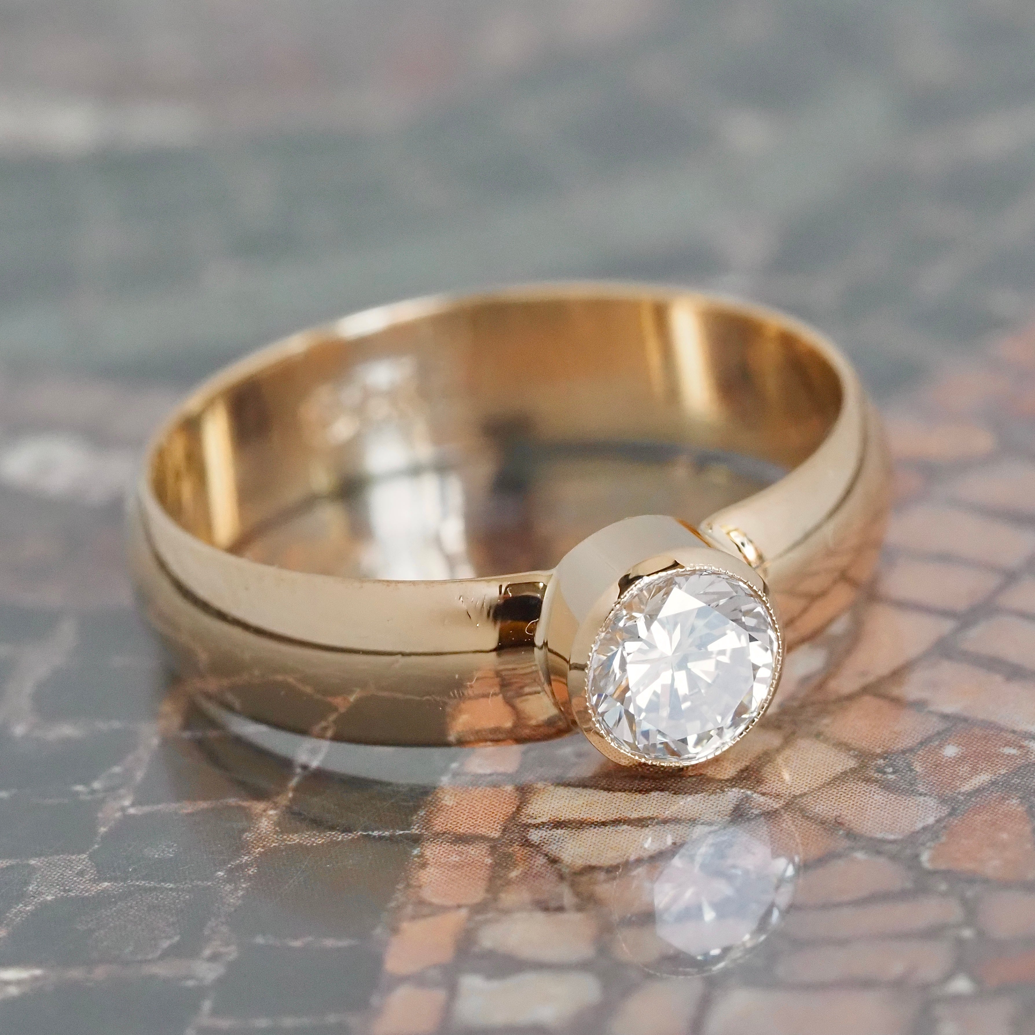 Round Brilliant Cut Bezel Set Diamond 14k Gold Engagement Ring