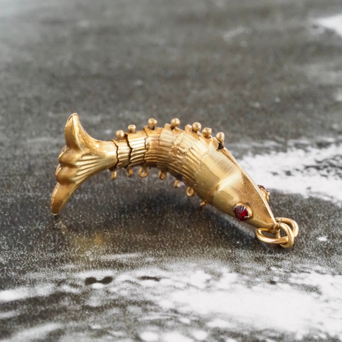 Vintage Articulated Fish 14k Gold with Ruby and Glass Eyes