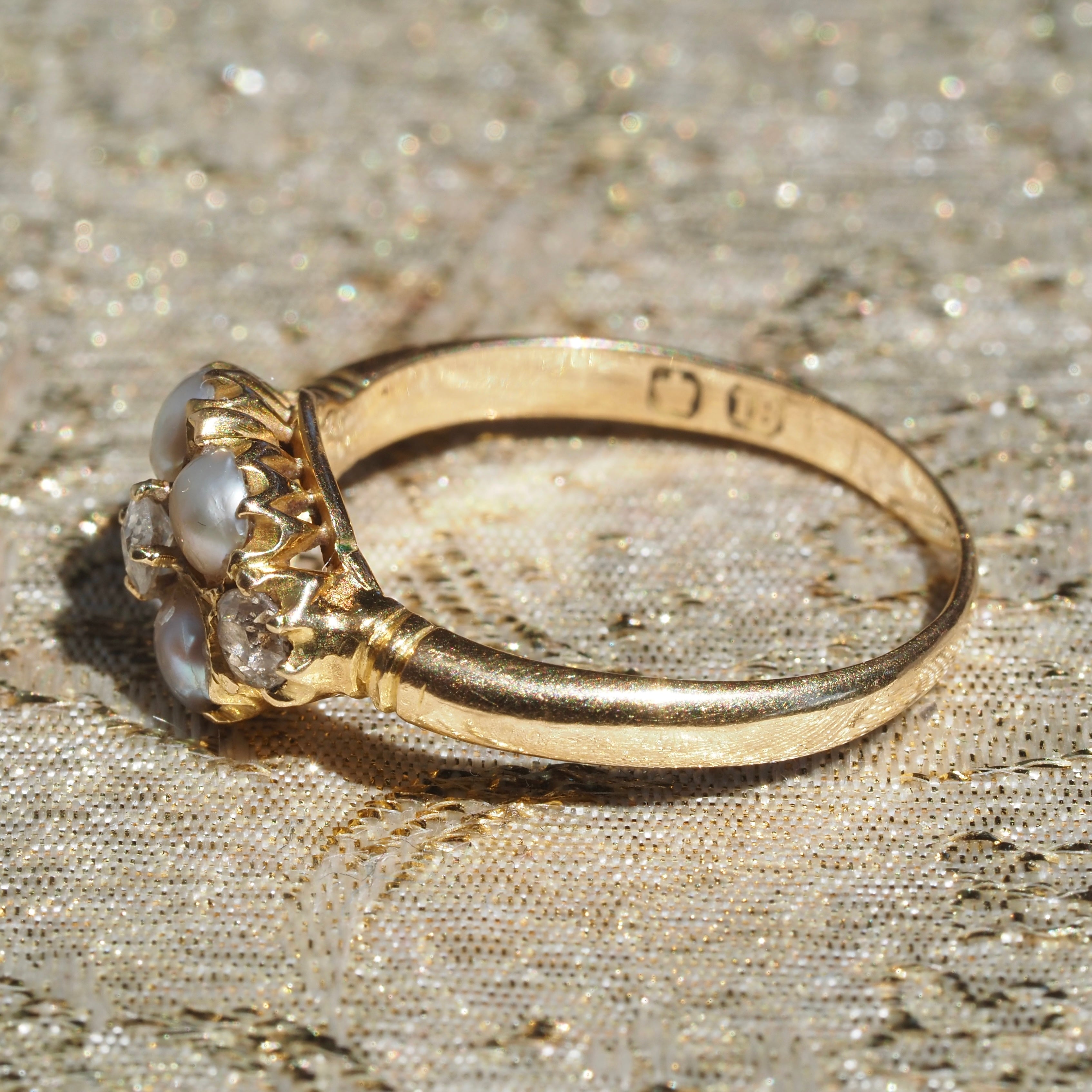 Early Victorian English Natural Grey Pearl Old Mine Cut Diamond Cluster 18k Gold Ring