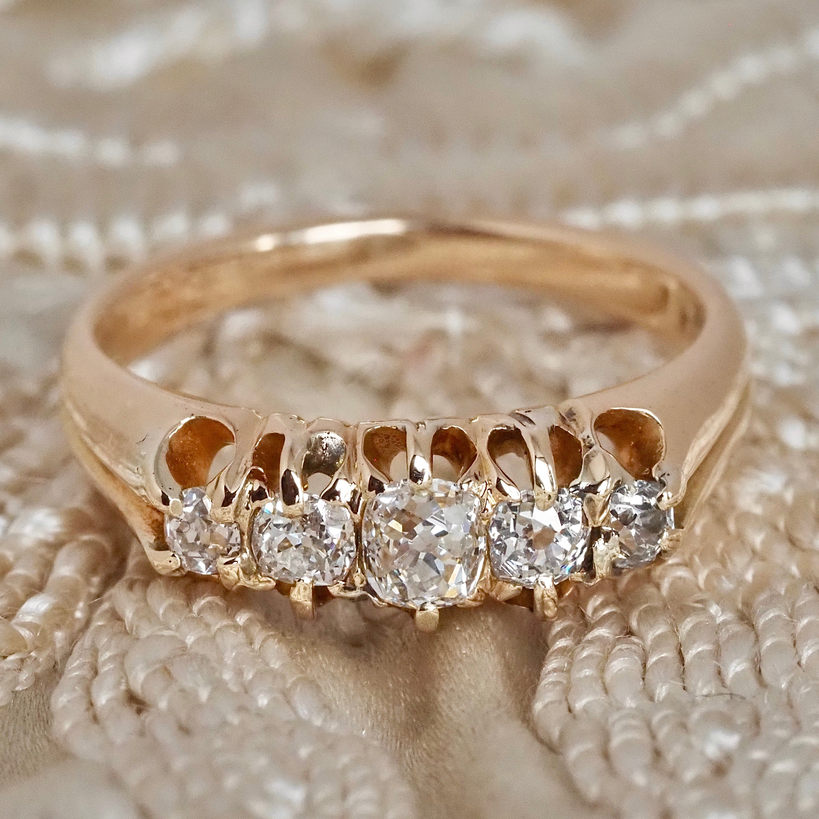 Antique c. 1890s Five Stone Cushion Old Mine Cut Diamond 14k Gold Engagement Ring