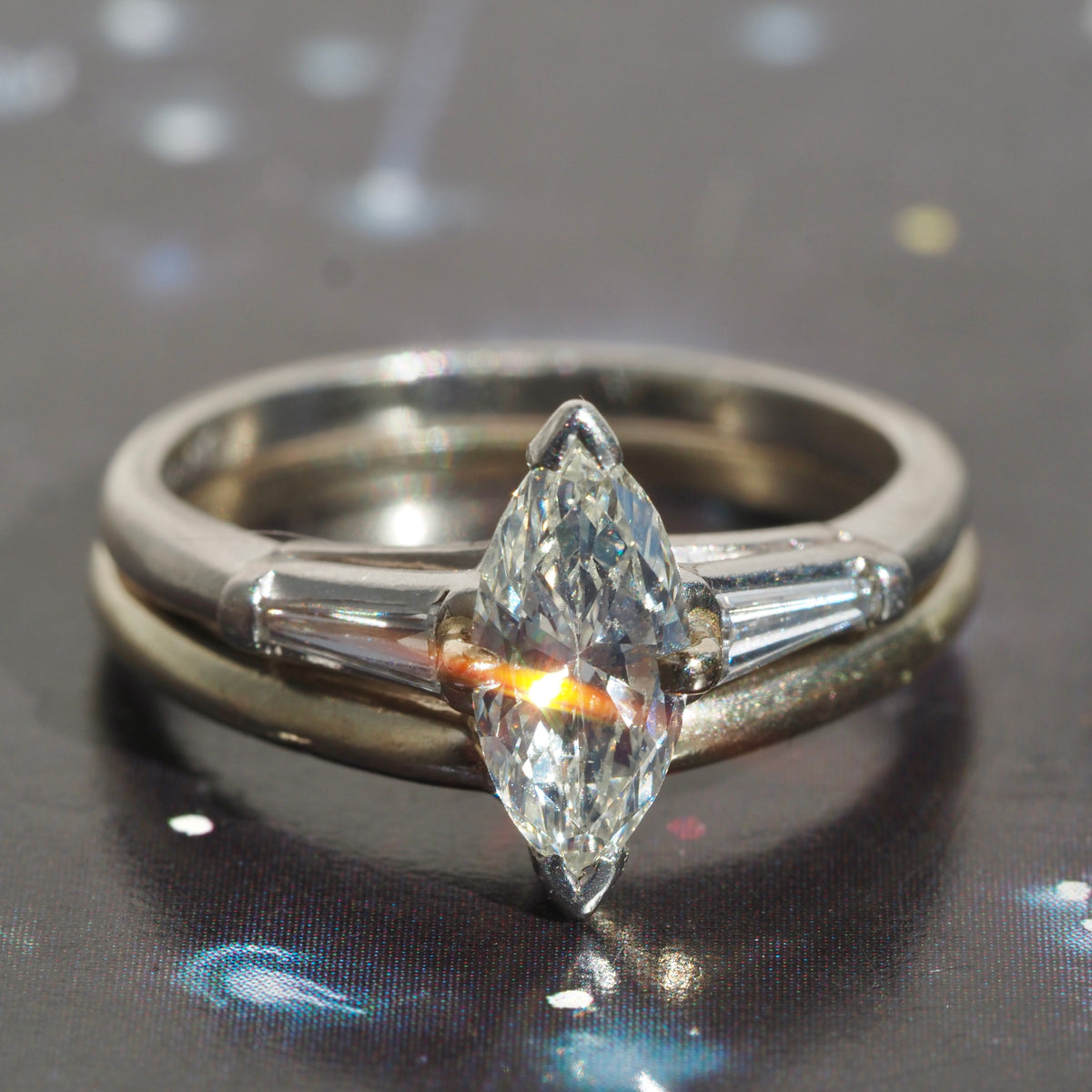 Vintage Marquise and Baguette Diamond Platinum Engagement Ring with 14k White Gold Wedding Band