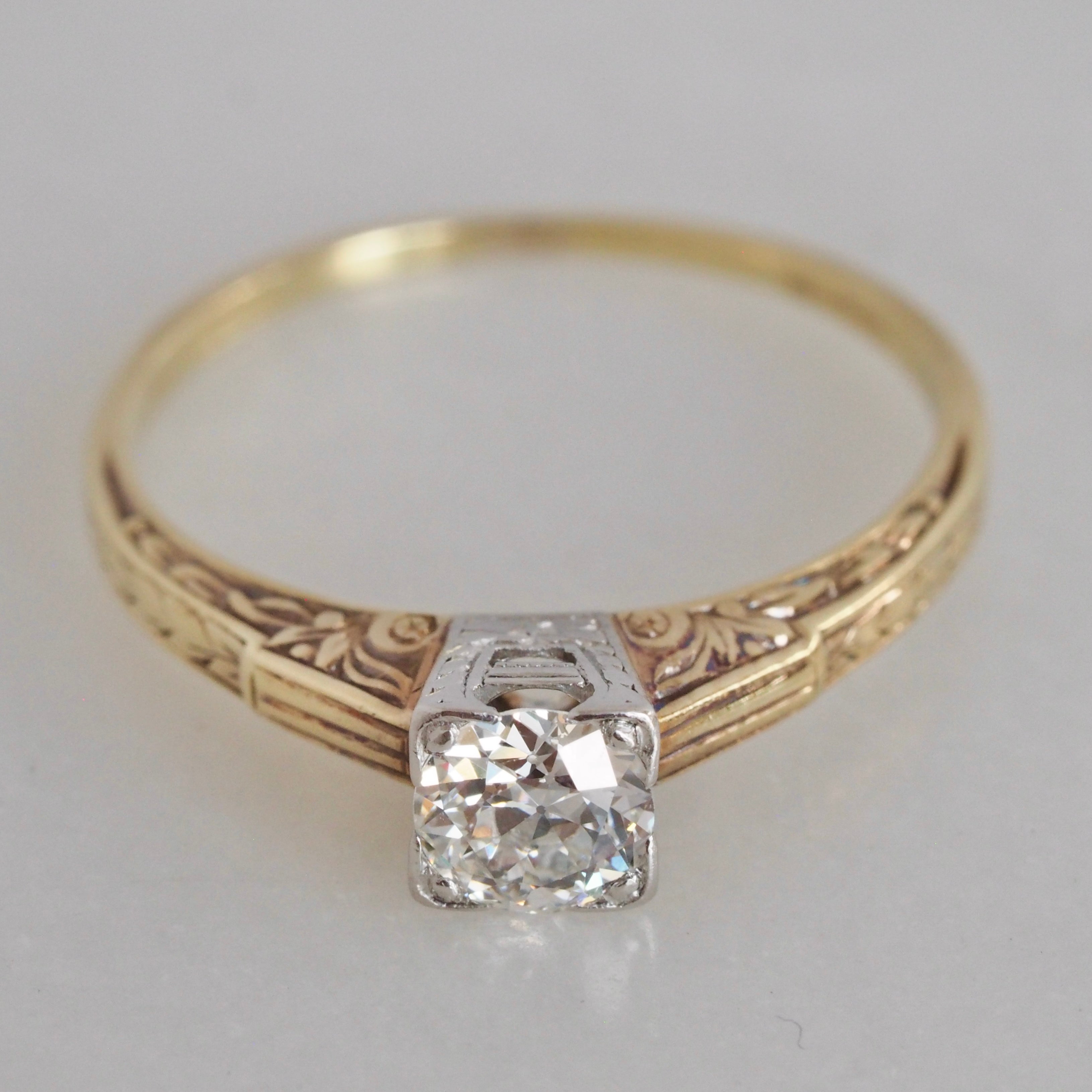 Art Deco 14k White and Yellow Gold Old European Cut Diamond Engagement Ring