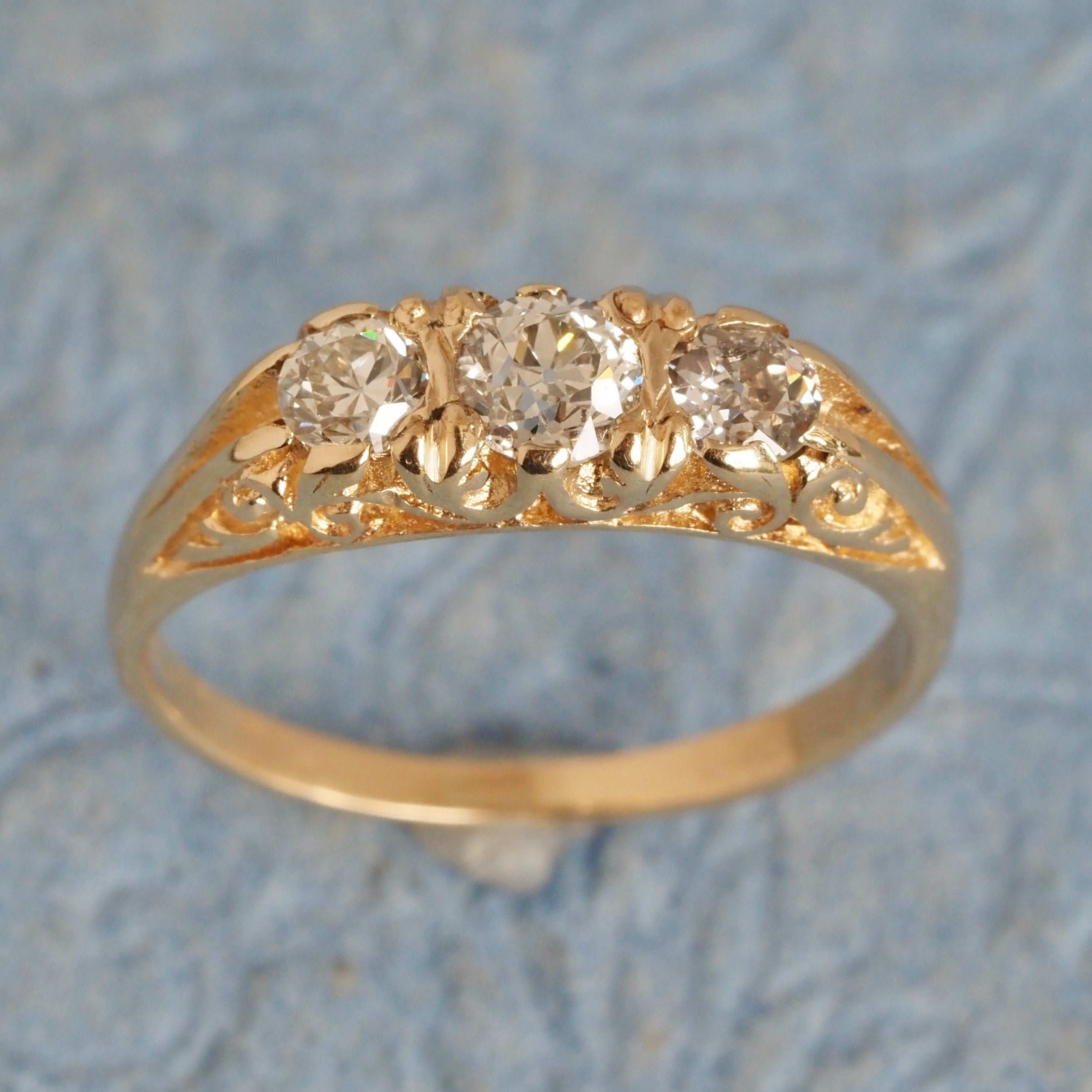 Art Nouveau Style Antique Old Mine Cut Diamond Trilogy 14k Gold Ring