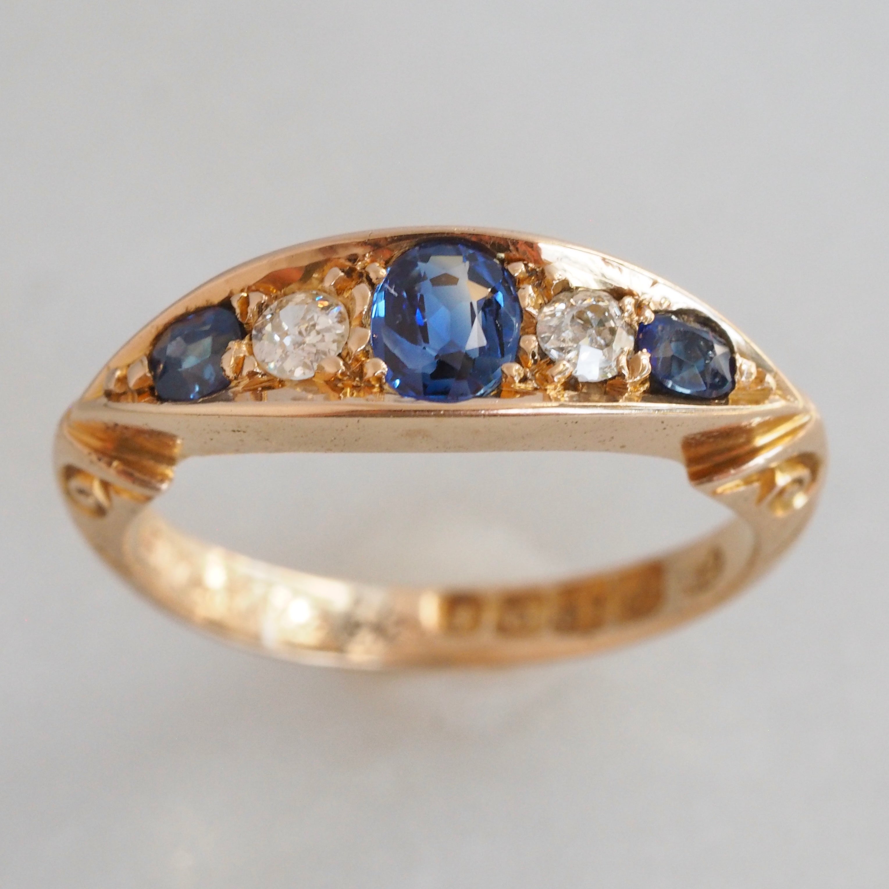 Antique Edwardian 18k Gold Sapphire and Old Mine Cut Diamond Five Stone Boat Ring
