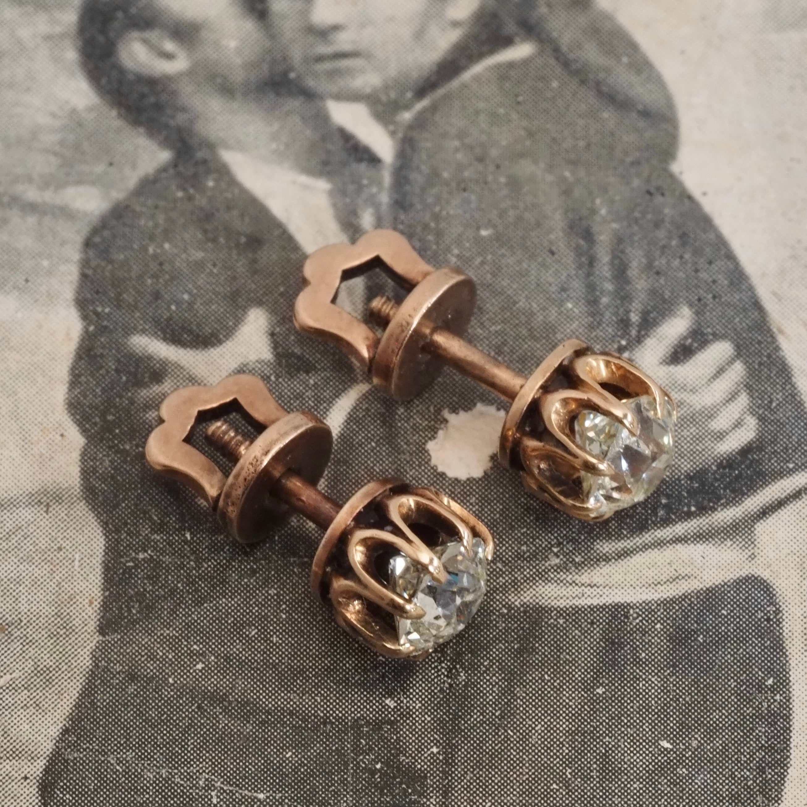 Antique Victorian 14k Gold Old Mine Cut Diamond Stud Earrings